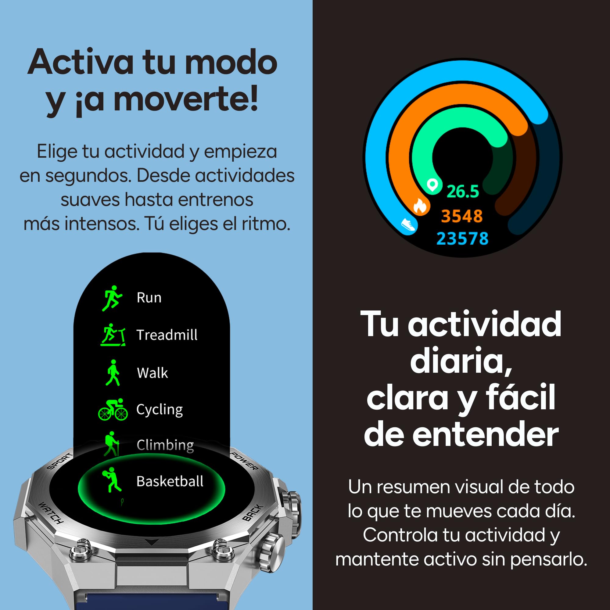 KSIX Smartwatch Titanium Go - Reloj Inteligente Hombre Pantalla AMOLED 1.43", Diseño Cronógrafo, Llamadas, IP67, Compatible con iPhone® y Android®, 2 Correas Acero Plateada y Silicona Azul