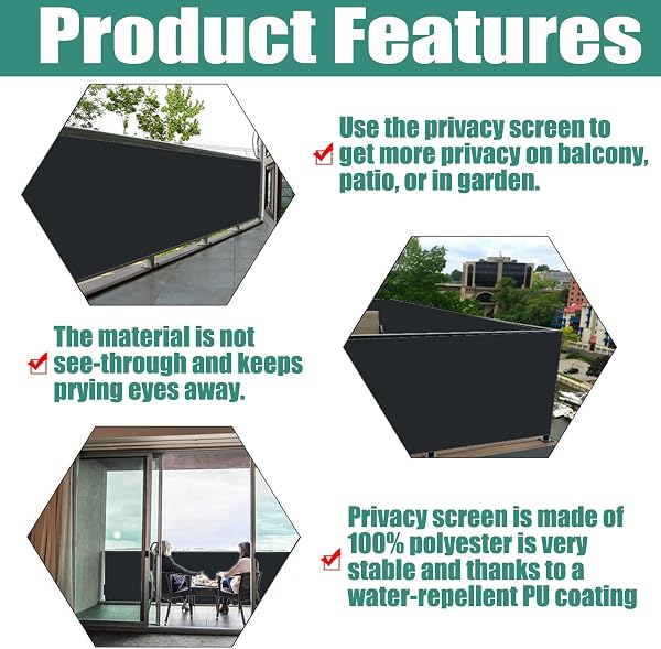 Balcony Privacy Screen for Backyard Deck Patio Balcony Fence Porch Sun Shade PVC UV Protection Sun Wind 8 Days Delivered 11 Colors 195 Sizes 420D Black - 2