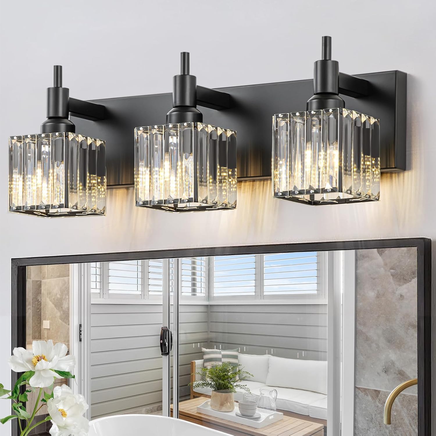 Black Crystal Bathroom Vanity Light 3-Light Modern Bathroom Lighting Fixtures Over Mirror, Black Wall Sconce Light Fixtures with Square Shade NOT TESTED