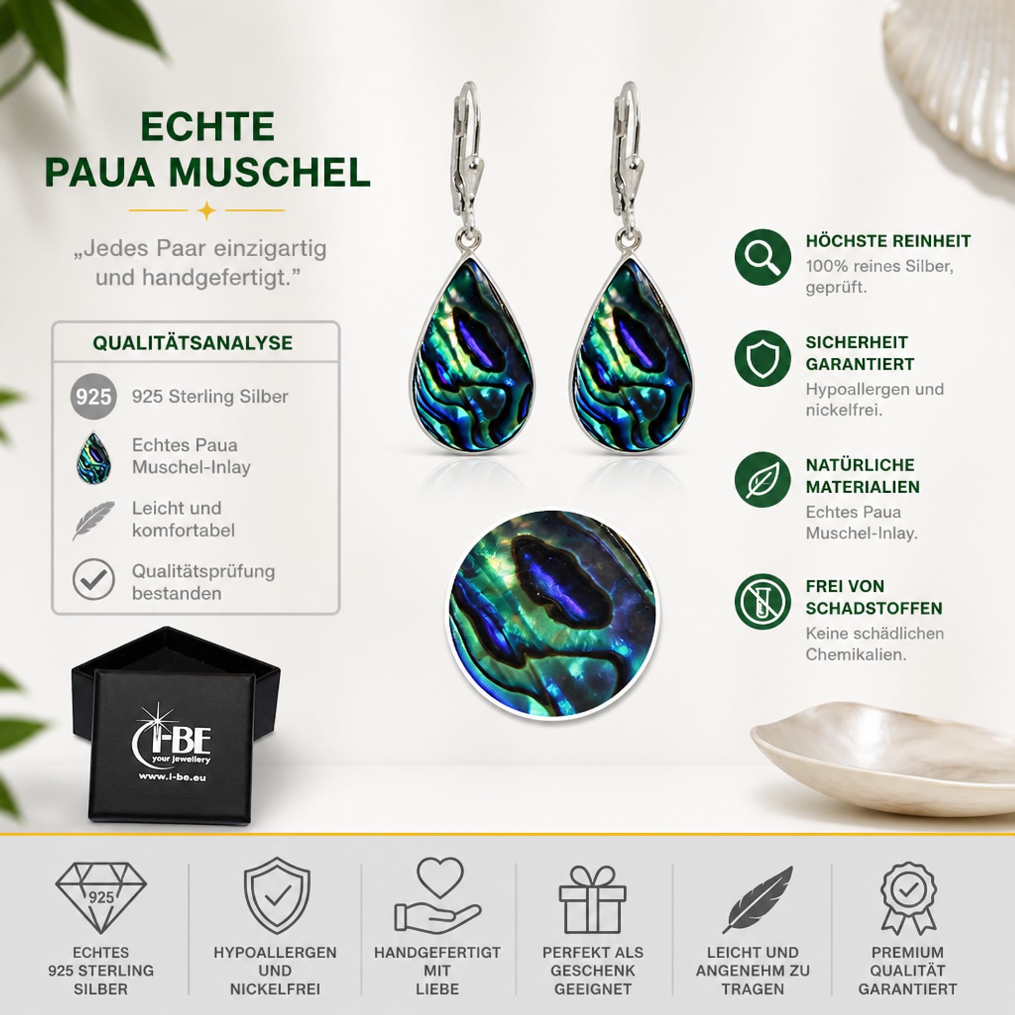 I-be, Paua muszla Abalone kolczyki w kształcie kropli, srebro 925, 398204 KB, Srebro szterlingowe, Uchowiec