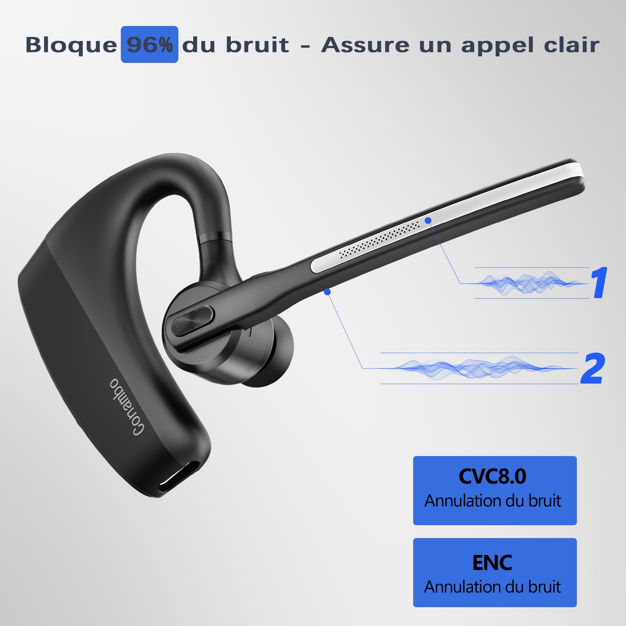 Oreillette Bluetooth V5.4 Mono - Autonomie 100h Avec étui - Réduction De Bruit CVC8.0 - Double Connexion - Pour Conduite, Bureau, Appels - 10