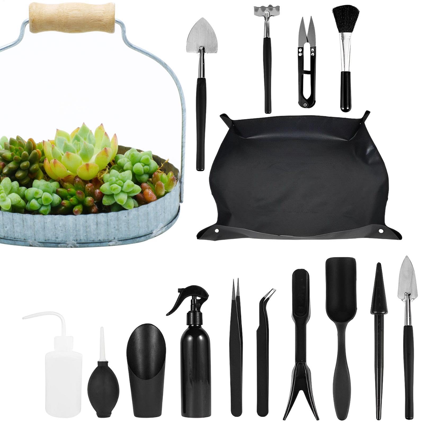Kit di Utensili per Terrari, Strumenti per Piante Grasse | Manuale di 16 Pezzi Set da giardinaggio - min Strumenti per Piante Interne, Vasi di Vaso, Bonsai, Cactus, t