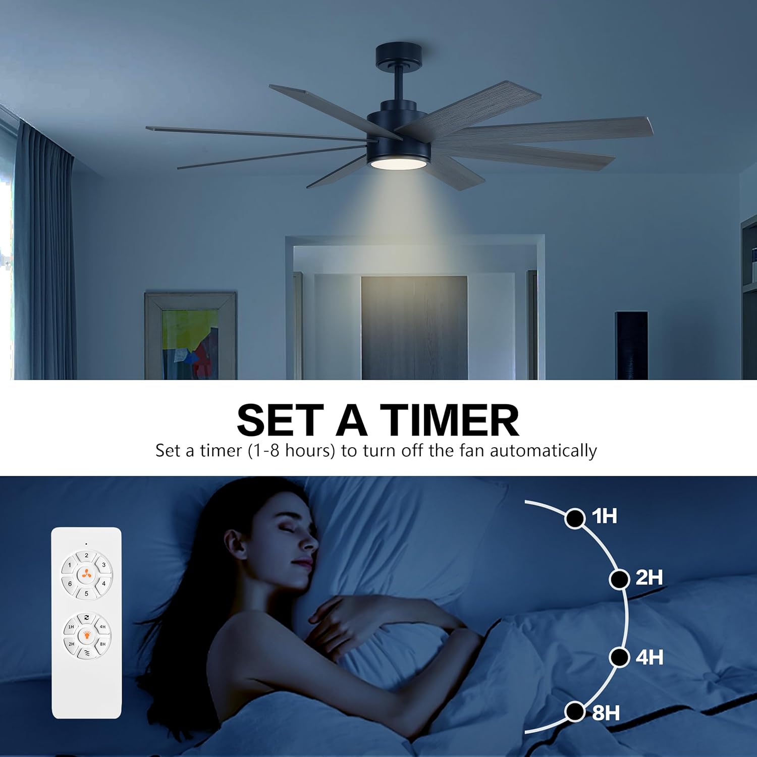 WINGBO 60" Large DC Ceiling Fans with Lights and Remote, 3 Downrods, 8 Plywood Blades, 6-Speeds Reversible DC Motor, 3CCT, Indoor Ceiling Fan for Bedroom Living Room Patio, Black and Gray - Image 8