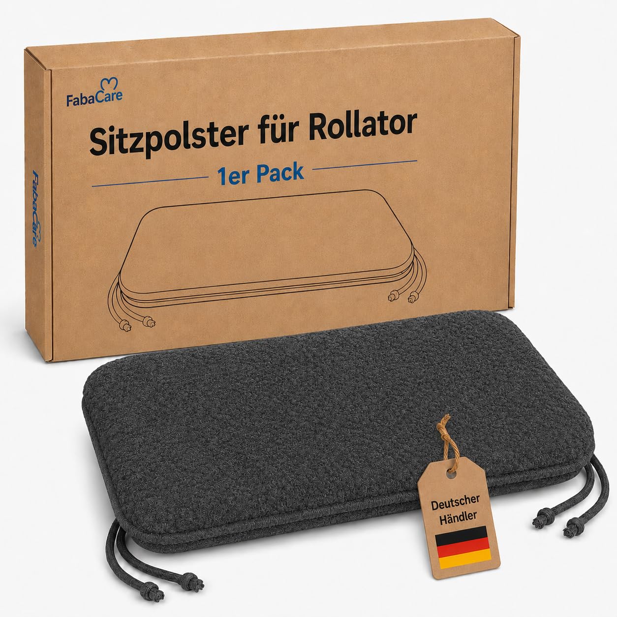 FabaCare Rollator Sitzpolster 40x20 cm Anthrazit | 100 % Schurwolle-Sitzkissen mit 2 Befestigungsbändern, Schaumstoffkern, atmungsaktiv, bequem & bei 30 °C waschbar