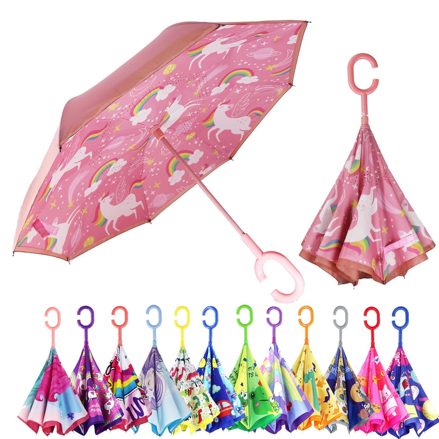 MRTLLOA 40 Inch Kids Windproof Inverted Reverse Umbrella with UV Protection, C-Shaped Handle Double Layer Stick Rain Umbrella for Boys and Girls, Age 4-13 (Rainbow Unicorn, 40 Inch)
