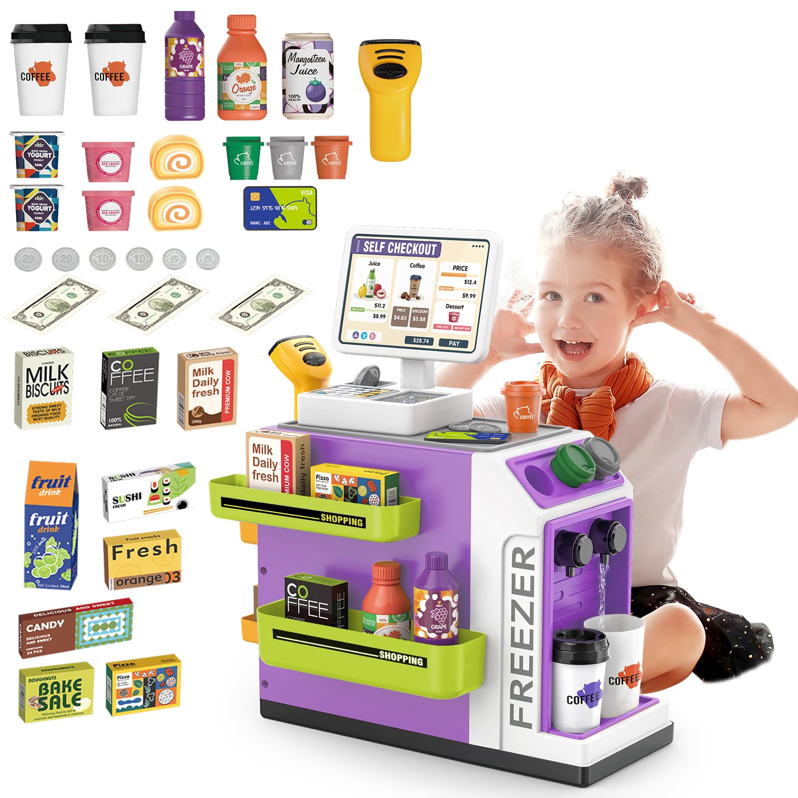 deAO Toy Cash Register for Kids Pretend Play Store Calculator Money 3 in 1 Coffee Machine Set Toys with Water Outlet Function Play Food Gifts Learning Toys for Kids Boys Girls (Purple)