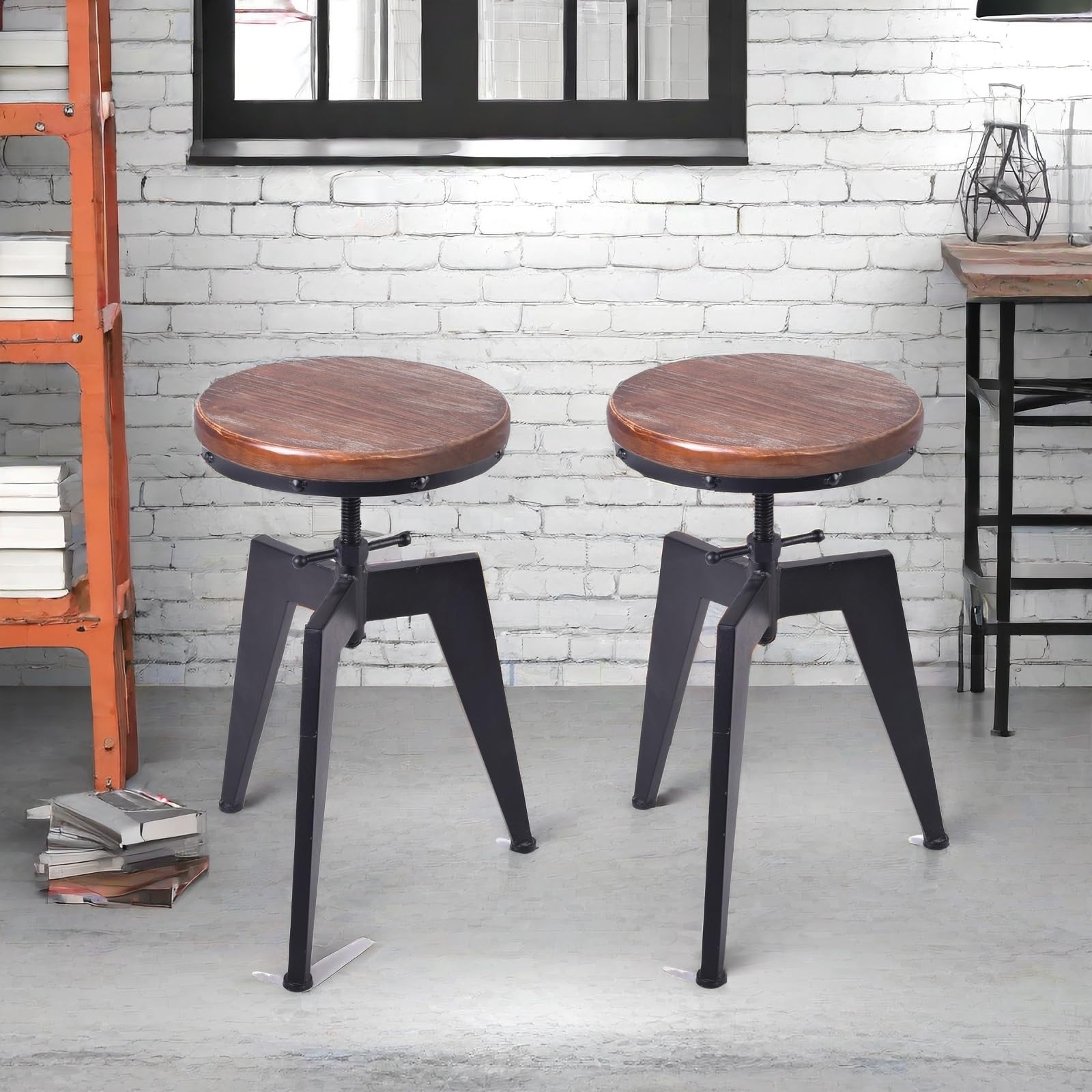 LOKKHAN Set of Industrial Bar Inch Adjustable Counter  Height Kitchen Stools for Island-Rustic Swivel Wood Metal Bar Stool Dining