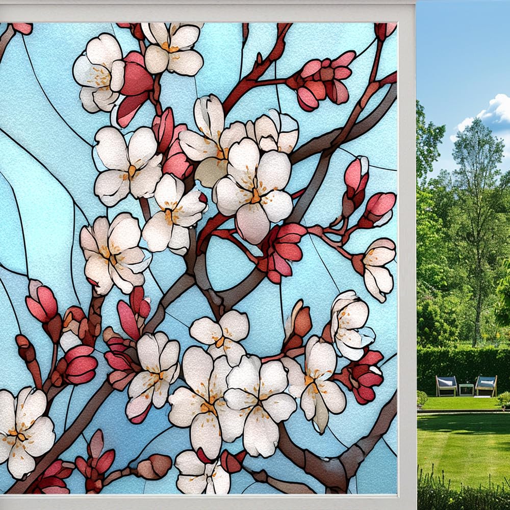 Cherry Blossom Branch Frosted Window Film, Colorful Flower Tree Natural Stained Glass Privacy Film, Heat Insulation Self-Adhesive Vinyl for Bathroom Office, （45x60cm）