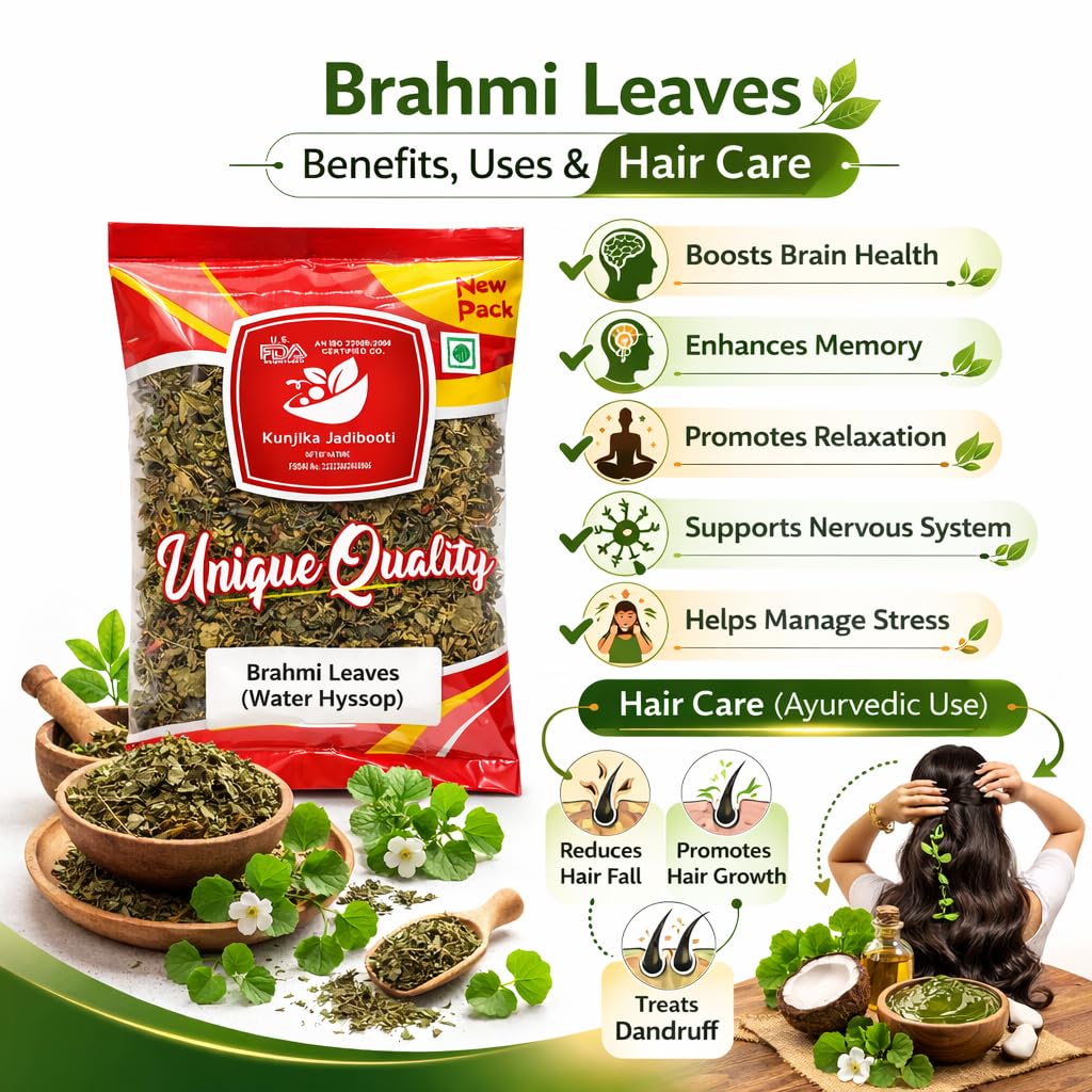 Kunjika Jadibooti Brahmi Leaves | Dried Brahmi Patta (Bacopa Monnieri) | 100% Natural & Pure Ayurvedic Herb | Cleaned & Dried Herbal Leaves - 100 gm — Amazon image 4