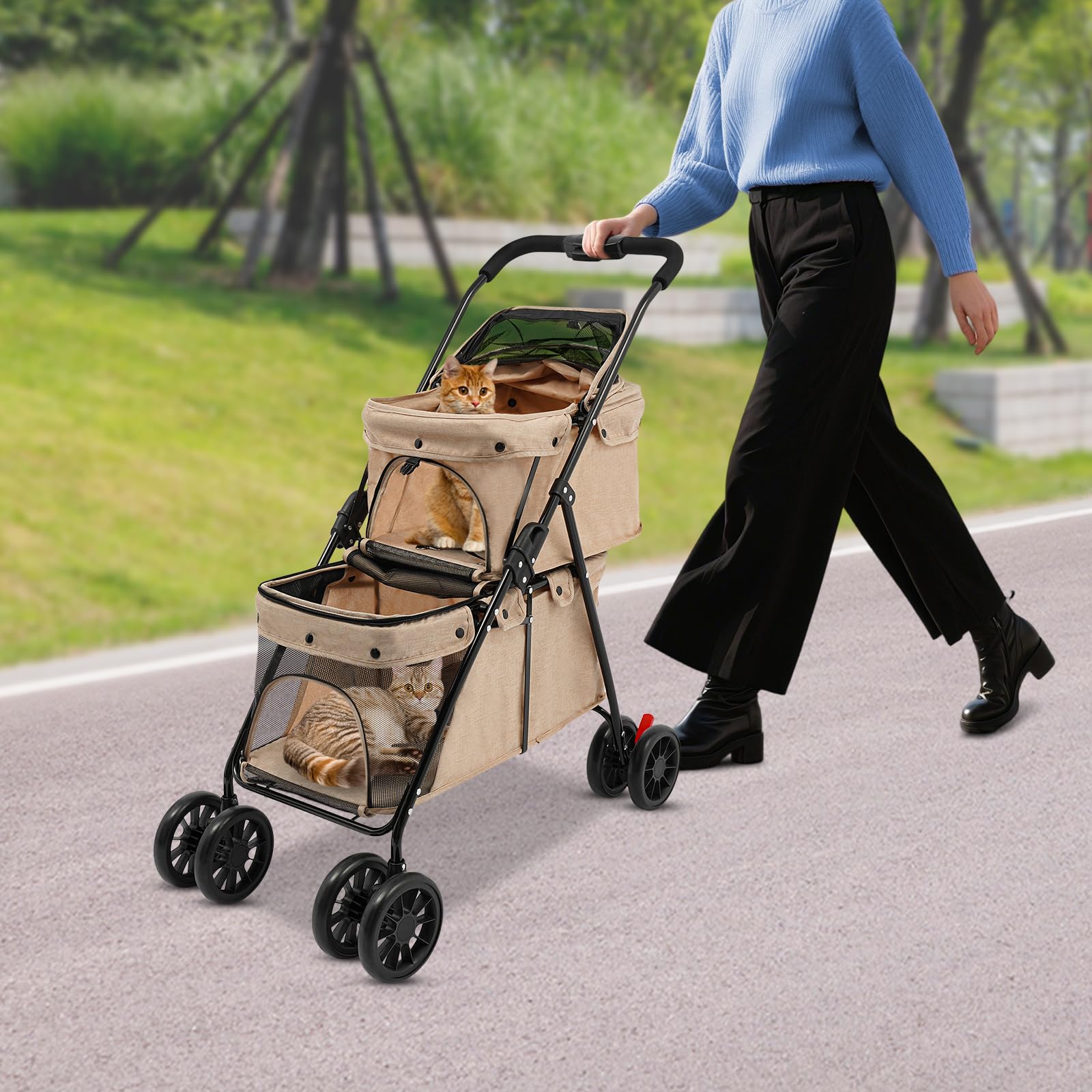 Passeggino doppio per cani pieghevole a 2 piani per cani e gatti fino a 20 kg, passeggino portatile per animali domestici con finestre a rete (kaki)