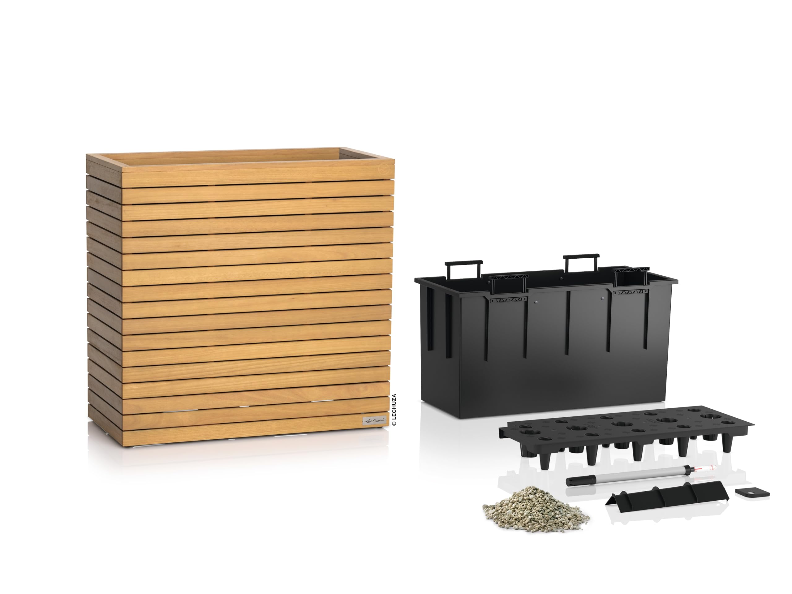 LECHUZA-Pflanzgefäß PALO Natural Wood 80 Wide high Eukalyptusholz, Pflanzgefäß mit Bewässerungssystem, Wasserstandsanzeiger und Pflanzeinsatz, Echtholz-Oberfläche, 78,5 x 37 x 77 cm, 16775
