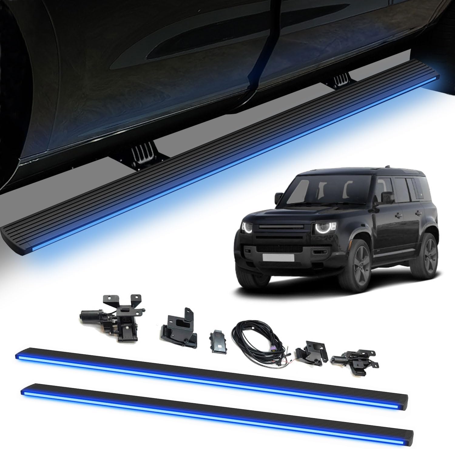 Fits 2023 2024 2025 Land Rover Defender 110 L663 Deployable Power Electric Running Boards with LED Light Strips, Aluminum Retractable Side Step Nerf Bars, Black