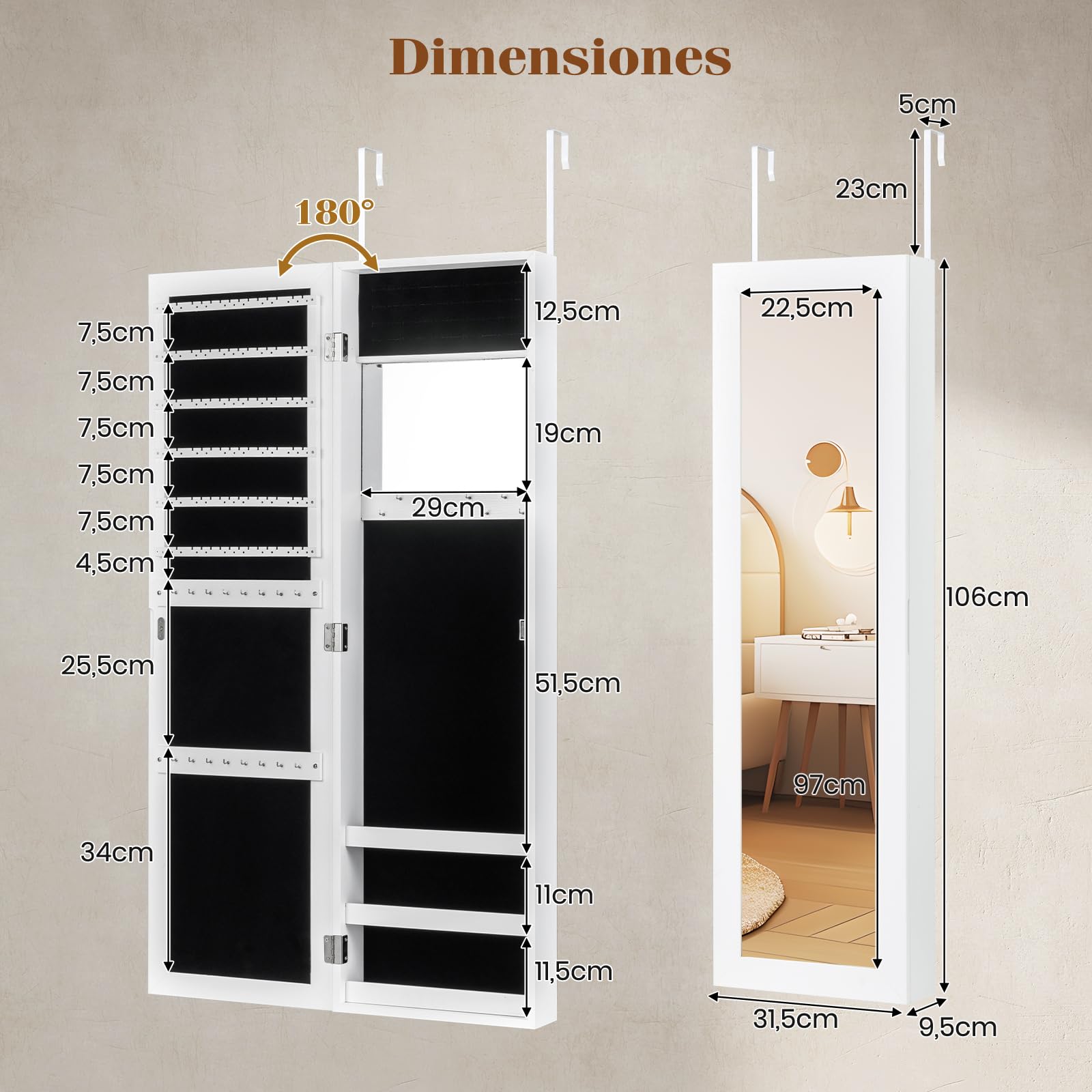 COSTWAY Armario Joyas Espejo Puerta Organizador Cuerpo Entero Maquillaje Incorporado Ganchos 3 Estantes Almacenamiento Blanco