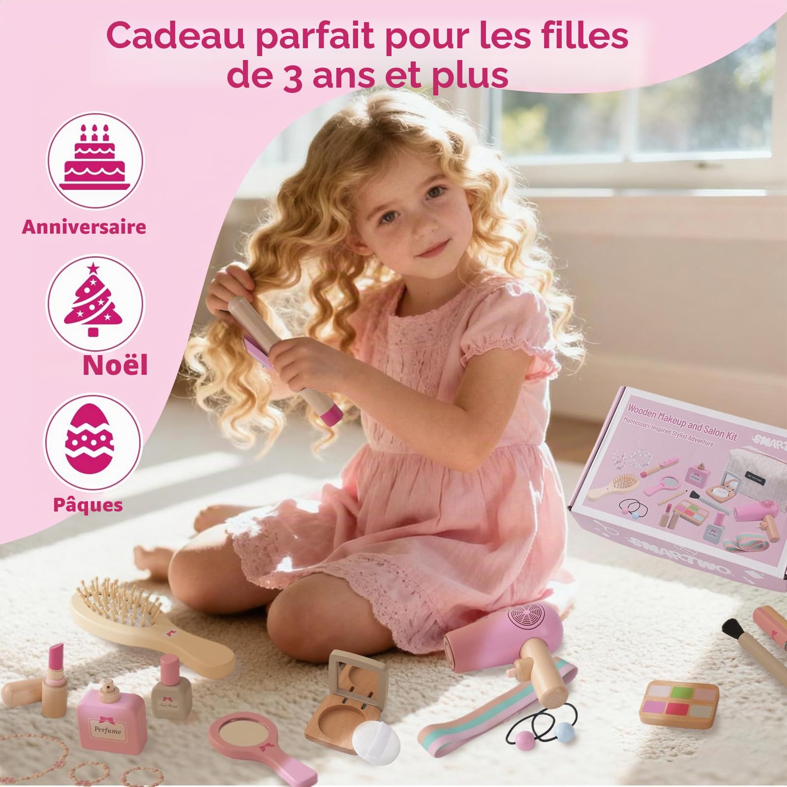 Jouets de Maquillage Kit pour Enfants, Faux Maquillage Enfant Fille, Coiffure en Bois pour Jeux de Rôle, pour Les Anniversaires et Noël des Enfants de 3 4 Ans.