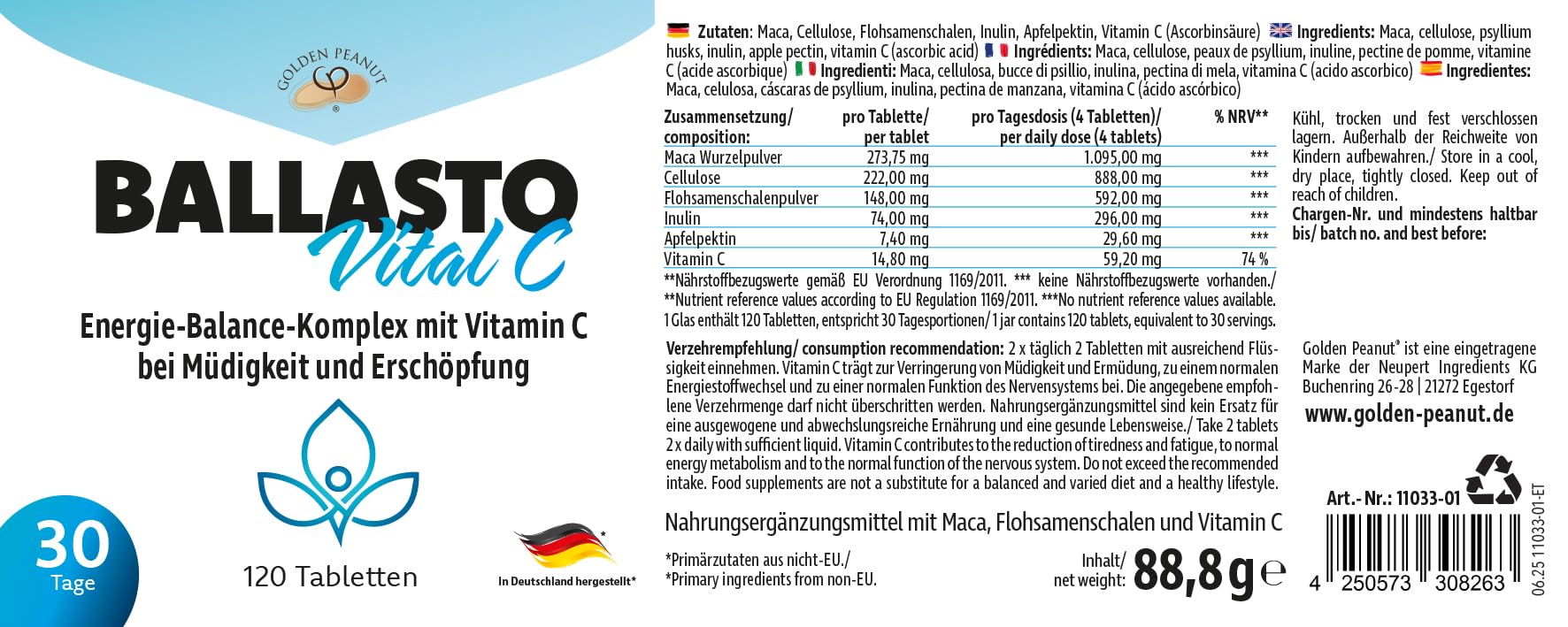 GOLDEN PEANUT BallastoVital C Tabletten mit Flohsamen & Pektin 3x120 Stück