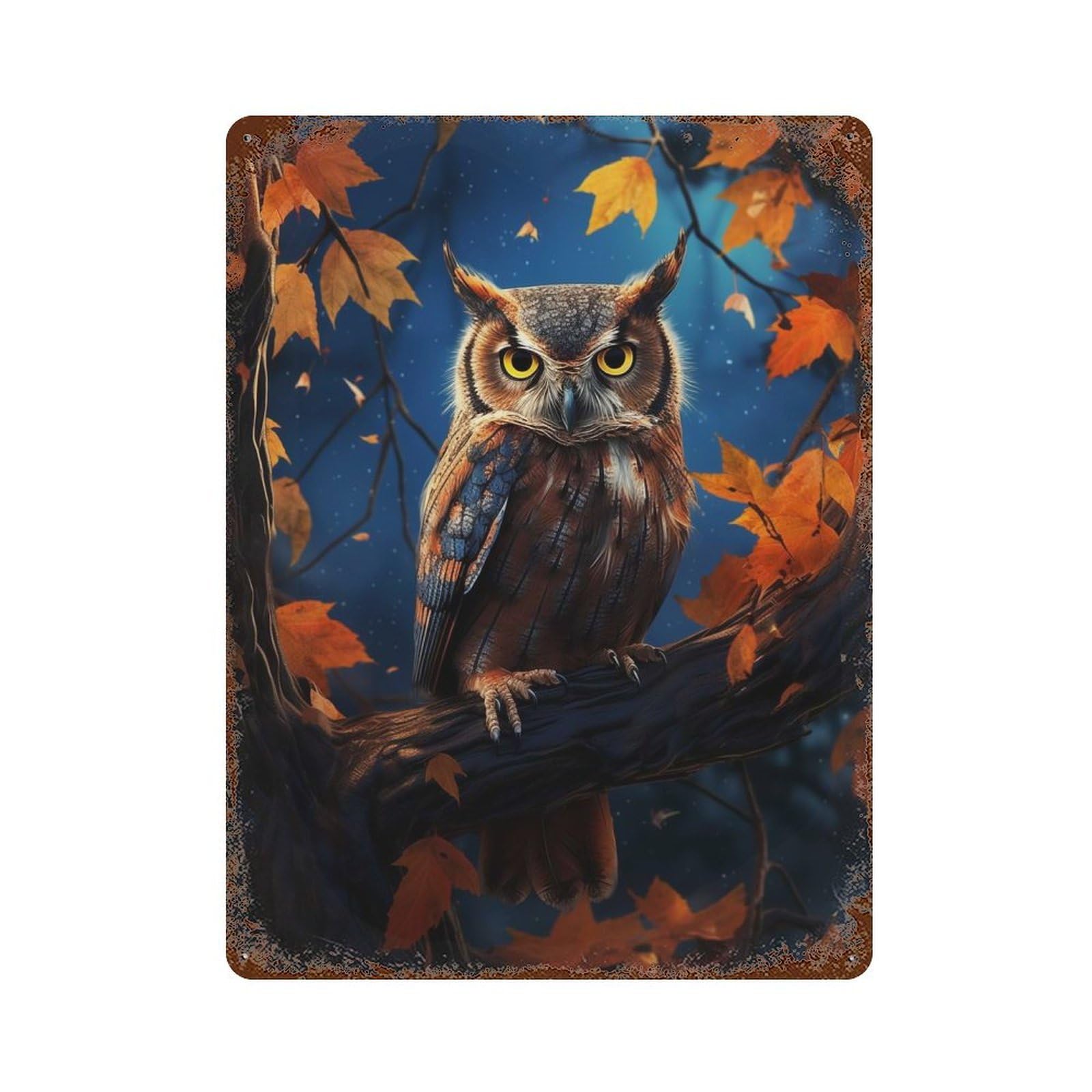 Fantasy Owl Weathered Tin Sign 15.7"x11.8", Retro Wall Decor for Pub, Kitchen And Man Cave Decor