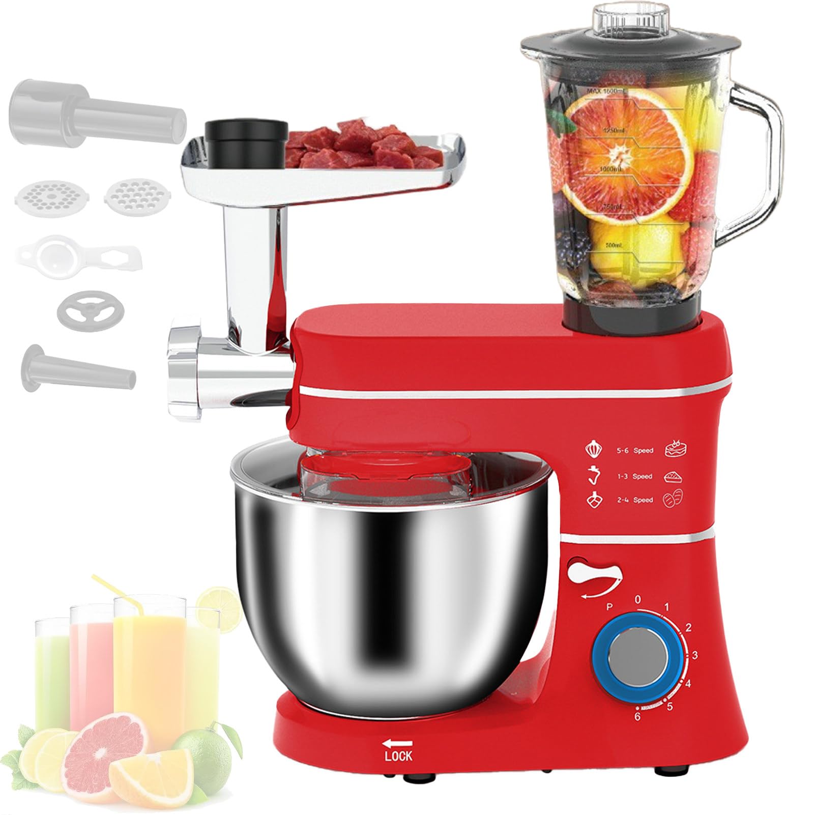 Mikser StojąCy 10 L, Wielofunkcyjny Mikser StojąCy 1400 W, Z Pojemnikiem Do Blendowania, Hakiem Do Ciasta, Trzepaczką, Trzepaczką,Do Kuchni Red