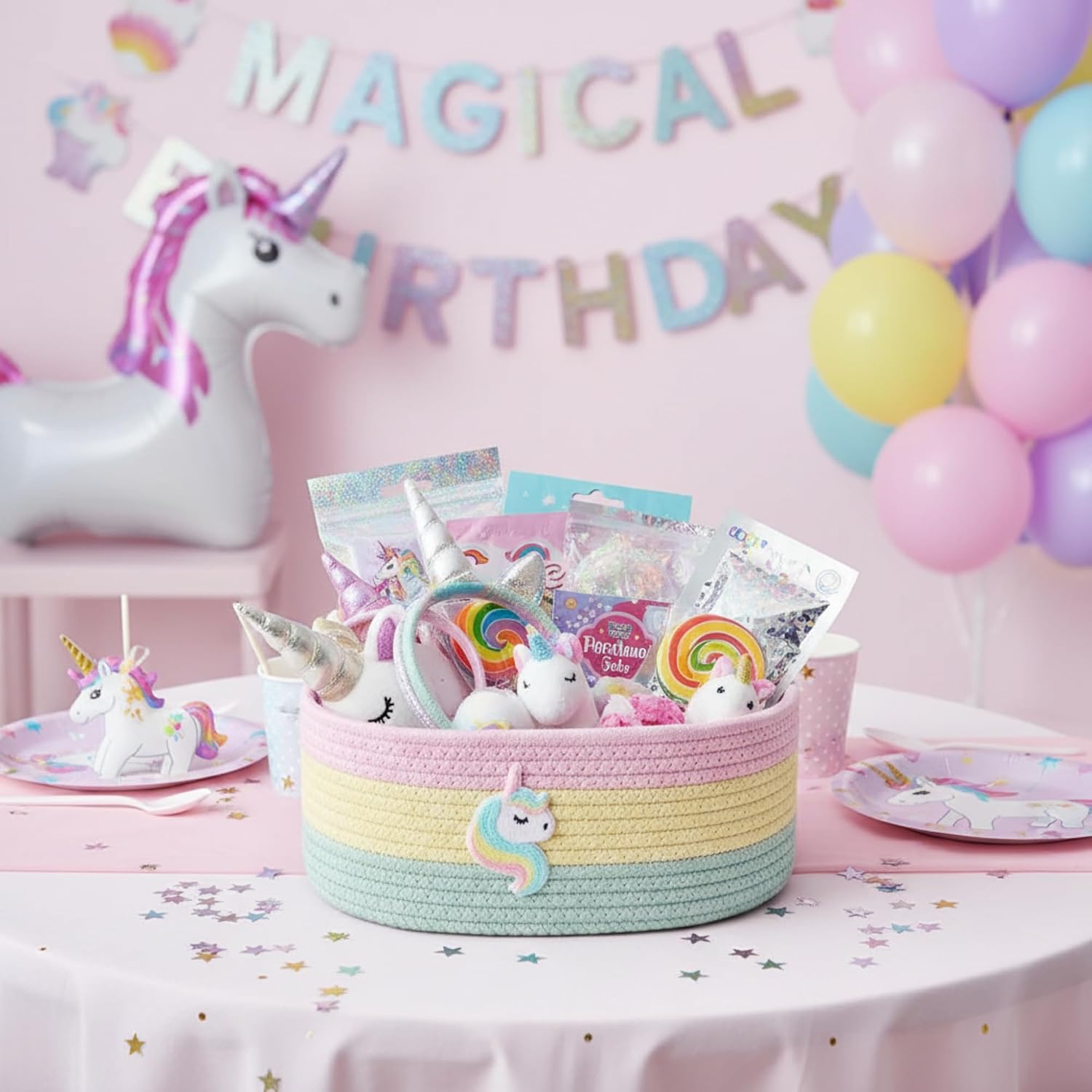 Geelin 3 Pcs Pastel Rainbow Baskets for Storage Cute Unicorn Woven Rope Gift Baskets Rectangle Shelf Organizer Bins Laundry Hamper for Toys Organizing Closet Nursery Decor, 11.8''x7.8''x4.7''