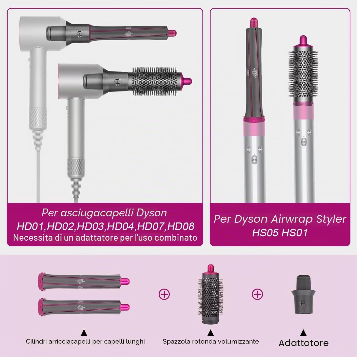 4 in 1 Strumento per lo styling dei capelli per Dyson Airwrap HS01 HS05, lunghi bigodini per ricci e accessori per spazzola volumizzante rotonda per Dyson, include 2 accessori per ricci, 1 spazzola