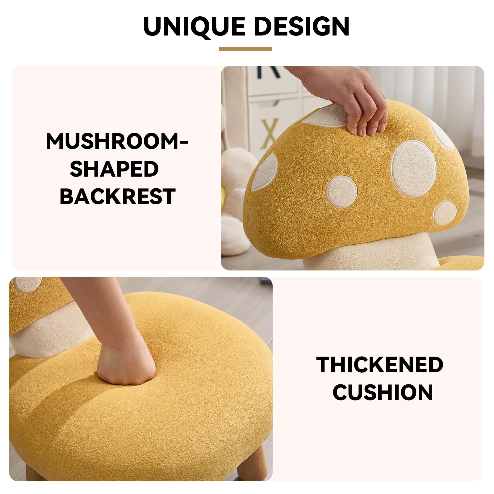 Kindersessel für Kinderzimmer Chenille Kinderstuhl mit Pilzförmiger Rückenlehne Kindersofa Holzbeinen, Kindercouch für Spielzimmer, Gelb