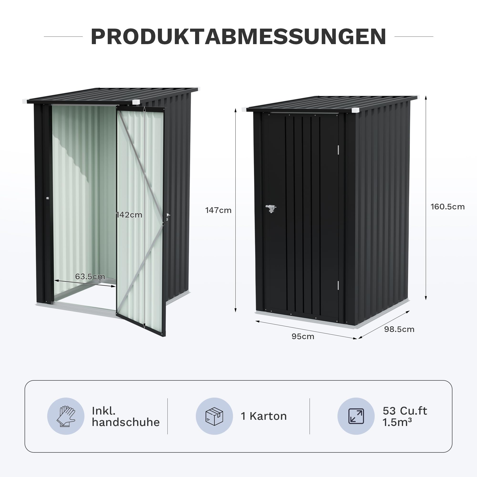 JUMMICO Metall Gerätehaus 100x100x160cm mit Pultdach, Schwarz