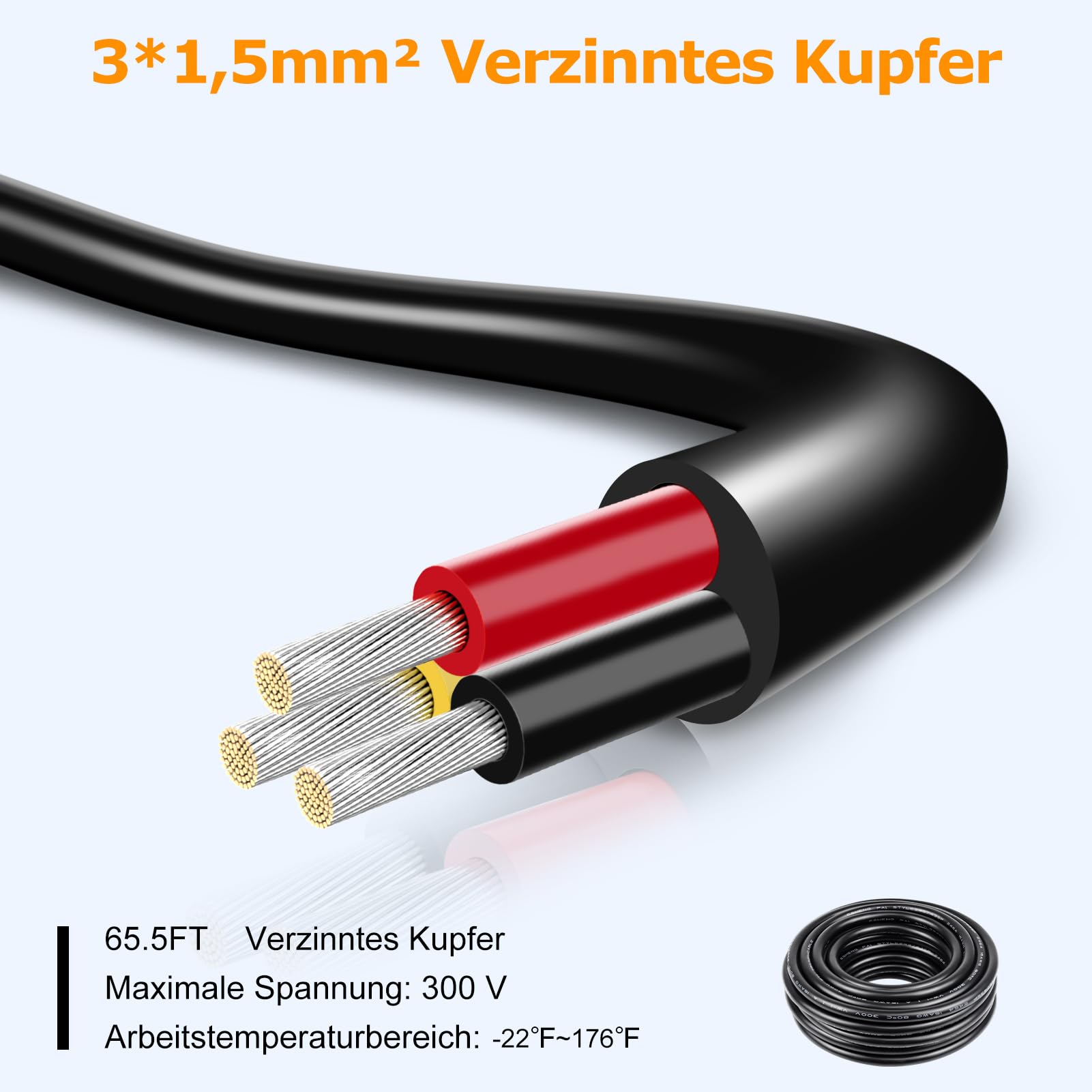 16AWG 3x1,5mm² 20Meter Elektrokabel 3-adrig Kabel, 5V/12V/24V Erdkabel verzinnte Kupferkabel, 300V flexibel und weich Stromkabel hohe Temperaturbeständigkeit Verlängerungskabel 20m