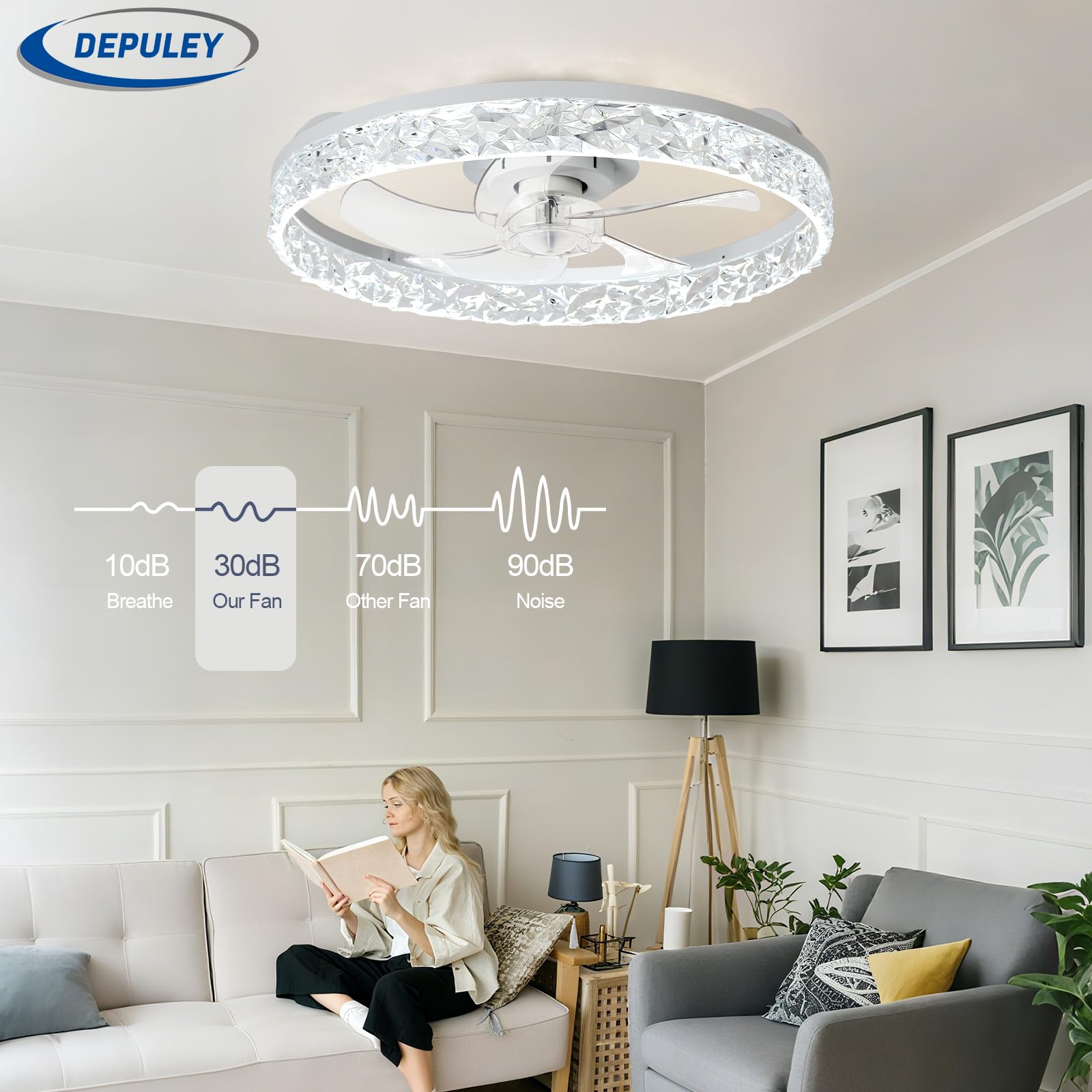 Depuley Ventiladores de techo de 20 pulgadas con luz: Ventilador de techo empotrado LED con control mediante aplicación - Luz regulable para ventilador de dormitorio - Blanco