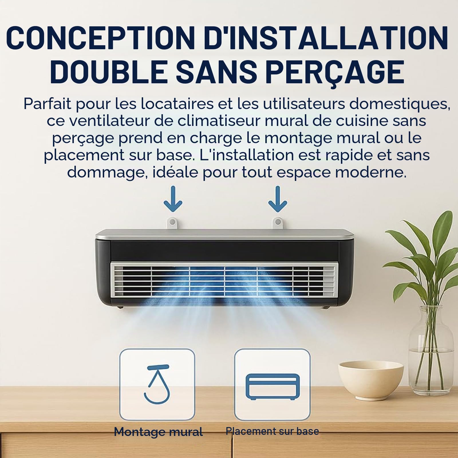 Ventilateur Climatiseur Portable - Mini Refroidisseur avec Chargement Sans Fil et Télécommande, Refroidissement Instantané en 10s & 3 Vitesses, Conception Murale pour Cuisine & Chambre à Coucher