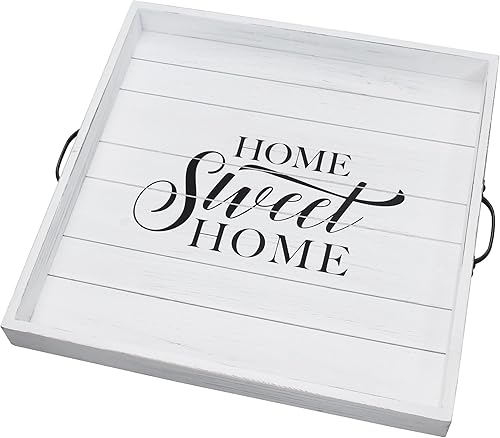 Miniatura 3 de Stonebriar Bandeja de madera decorativa casera dulce blanca desgastada cuadrada con manijas de metal