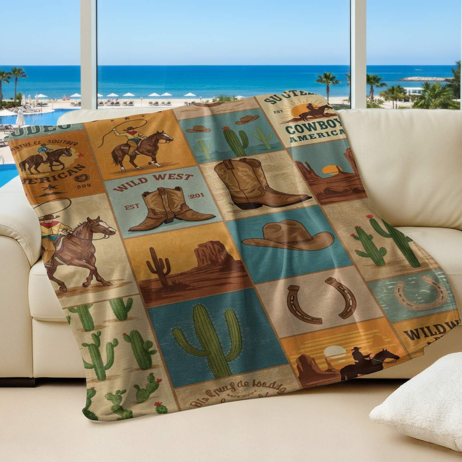 Couverture flanelle chaude motif cowboy plaid vintage thermique 150 x 200 cm