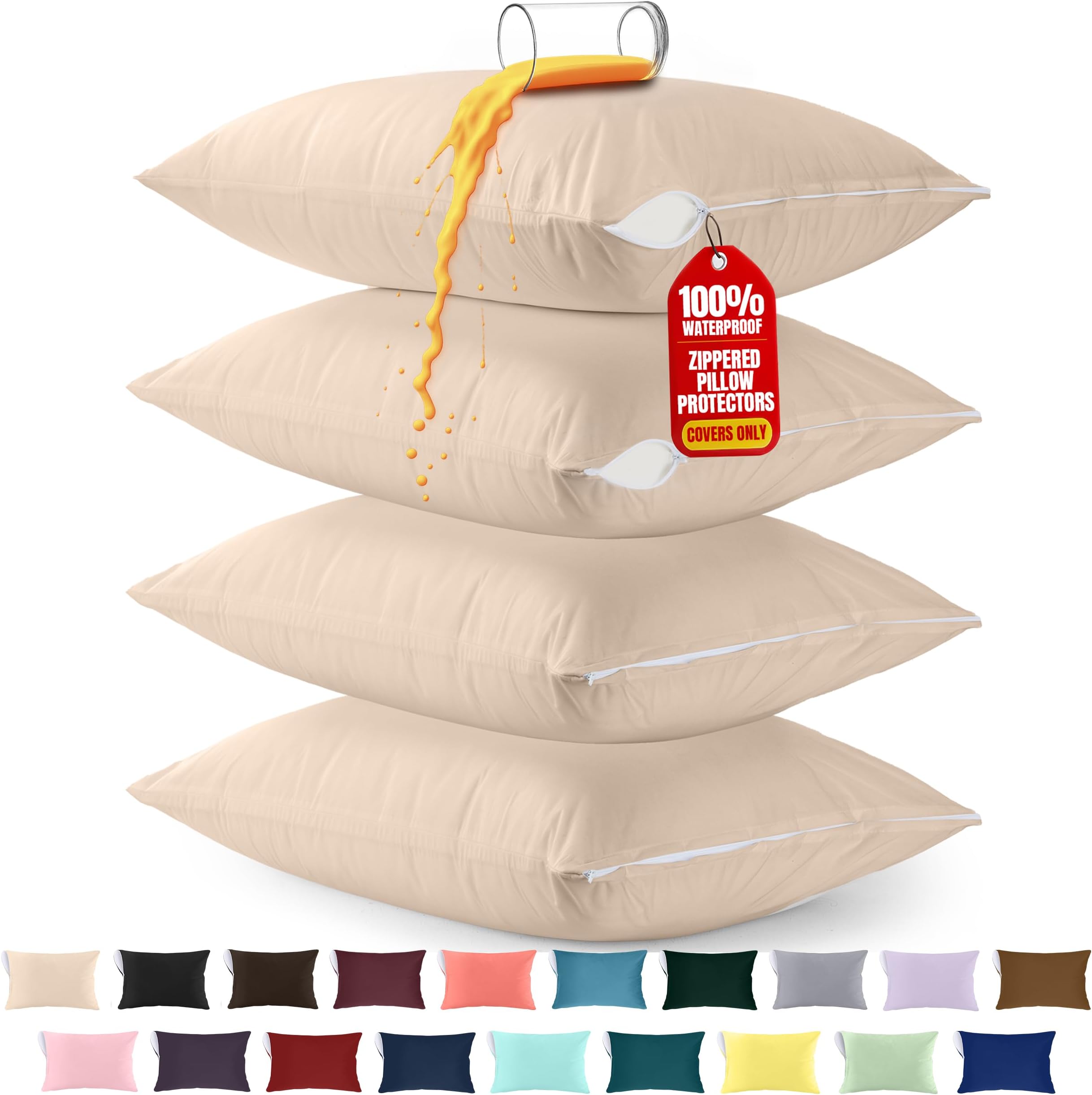 Utopia Bedding Waterproof Pillow Protector Zippered (4 Pack) Queen Beige – Bed Bug Proof Pillow Encasement 20 x 28 Inches