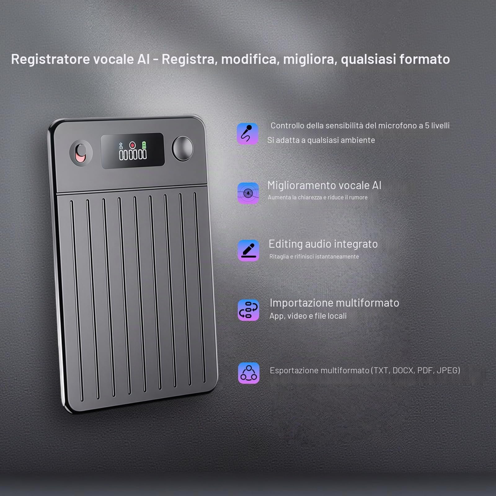 Registratore vocale digitale KI da 64 GB, registratore con trascrizione e riepilogo automatici, trascrizione in tempo reale, app, supporta l'importazione di file audio, 256 lingue 1