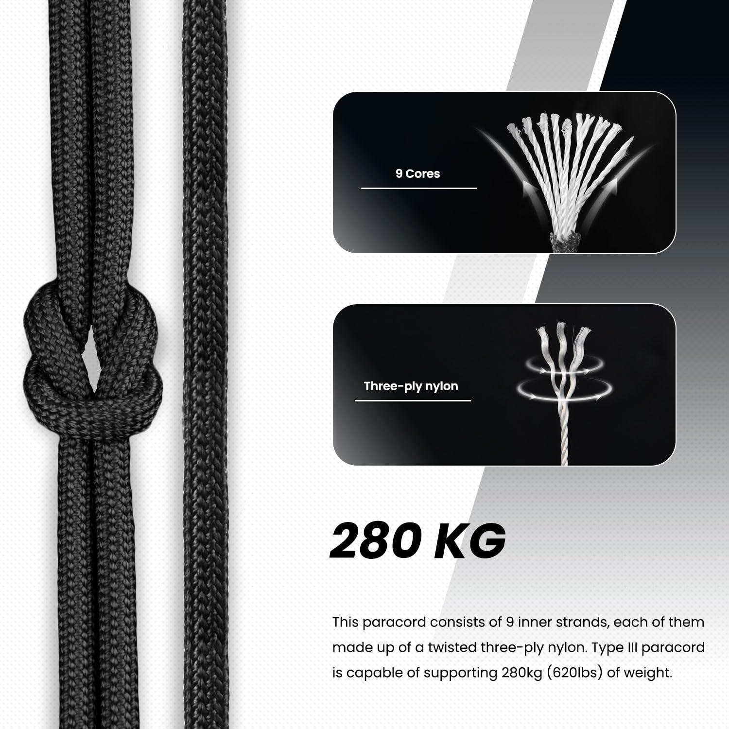 Abma Cord Paracord 4mm 15m 100% Nylonowa Sznurek Linka 9-żyłowa Typ III do Biwakowania, Majsterkowania, Zewnątrz, Survivalowy - Max. 280kg (620lb) - Czarny