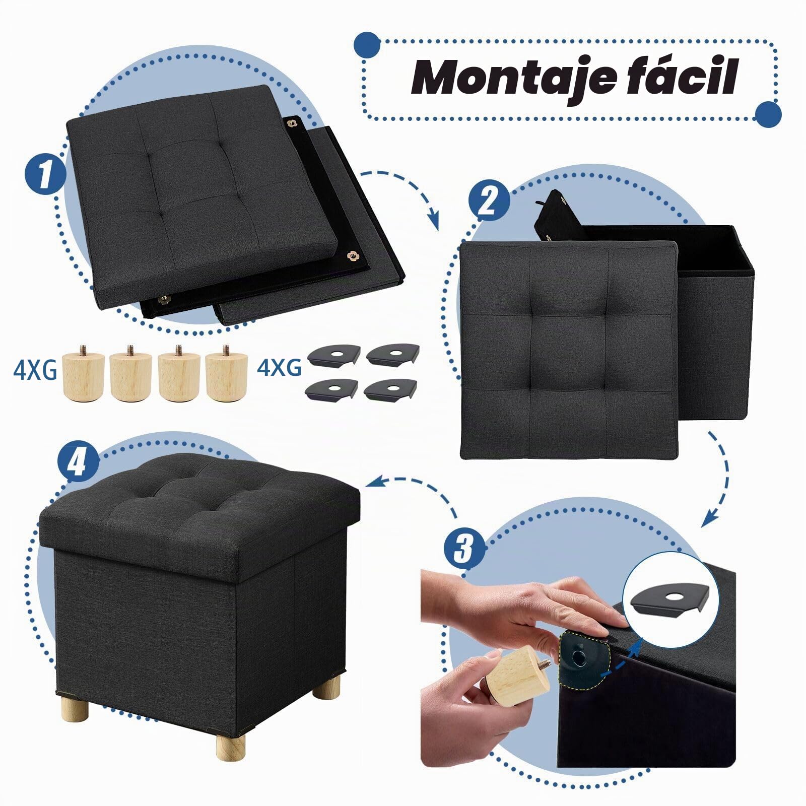 BRIAN & DANY Baúl Plegable Cuadrado Taburete de Almacenamiento Tapizado en Esponja con Patas de Madera Maciza, 38 x 38 x 38 cm, Negro