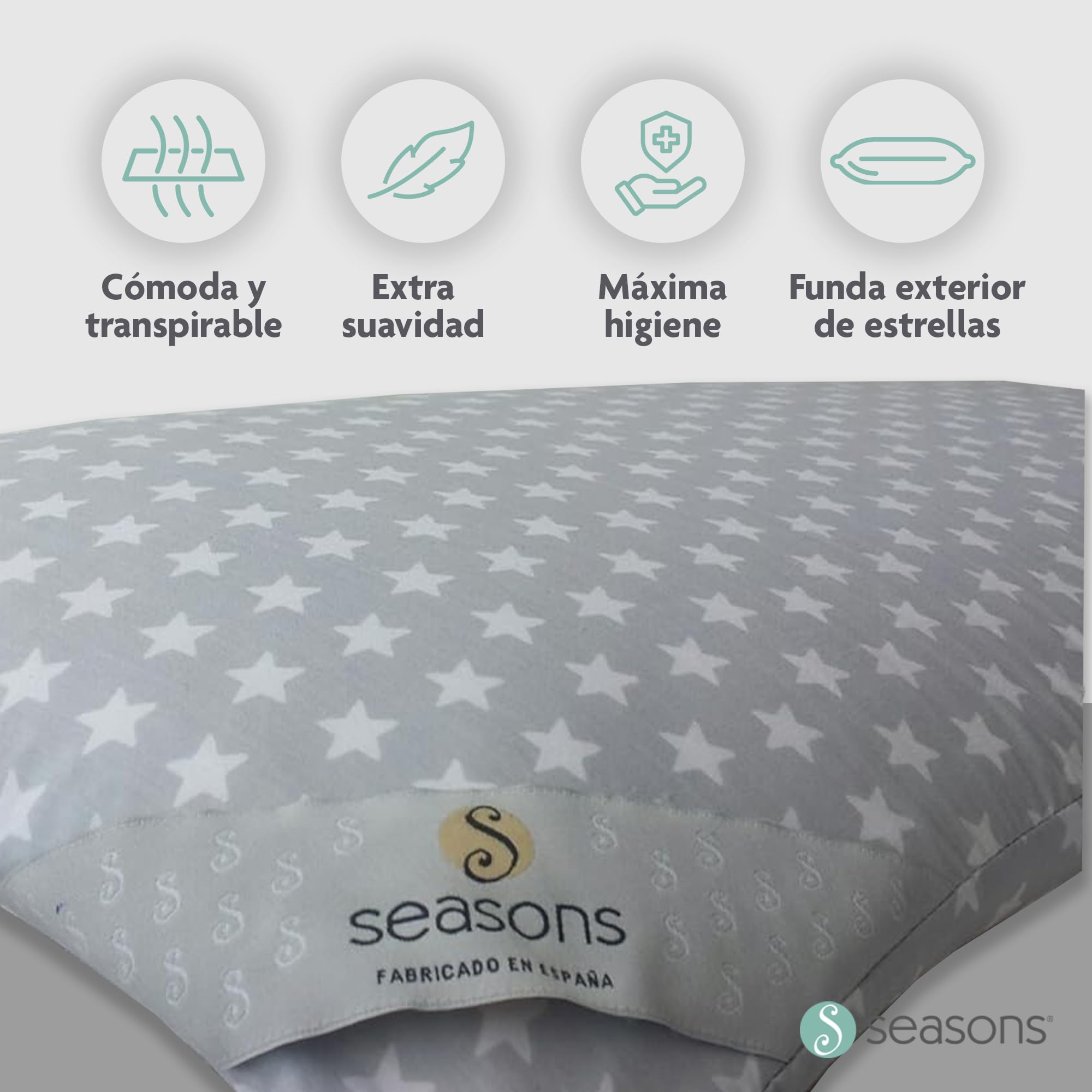 SEASONS - Almohada Viscoelástica 90 cm para Niños, Doble Funda con Cremallera, Almohada Baja de 9 cm, Transpirable, Tejido Exterior con Estrellas, Fabricado en España