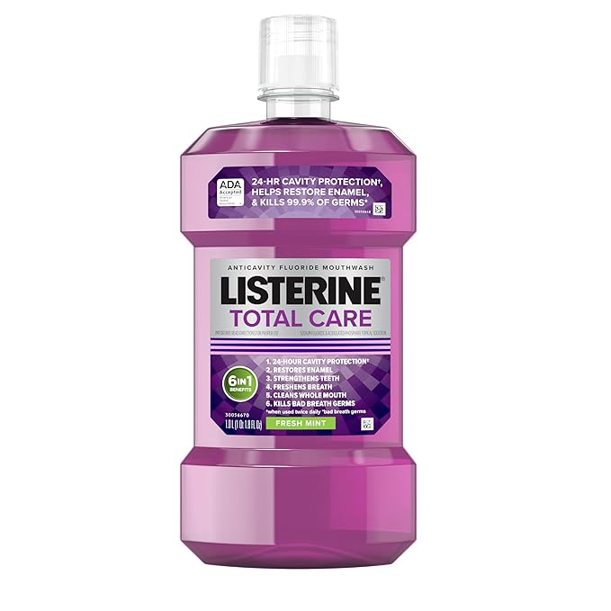 Listerine Total Care Anticavity Fluoride Mouthwash, 6 Benefits in 1 Oral Rinse Helps Kill 99% of Bad Breath Germs, Prevents Cavities, Strengthens Teeth, ADA-Accepted, Fresh Mint, 1 L