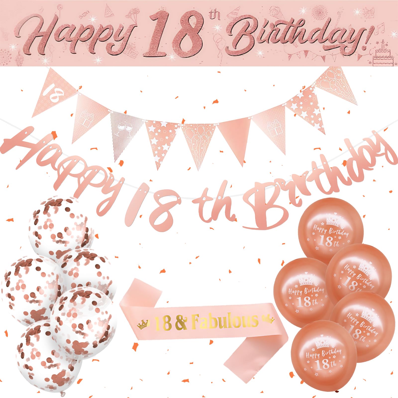 Winsegom 18th Birthday Decorations, Rose Gold 18th Birthday Banner for Her, Ladies 18th Birthday Party Supplies, Happy Birthday Decor Set with Balloons, 18 & Fabulous Sash and Pennant Bunting