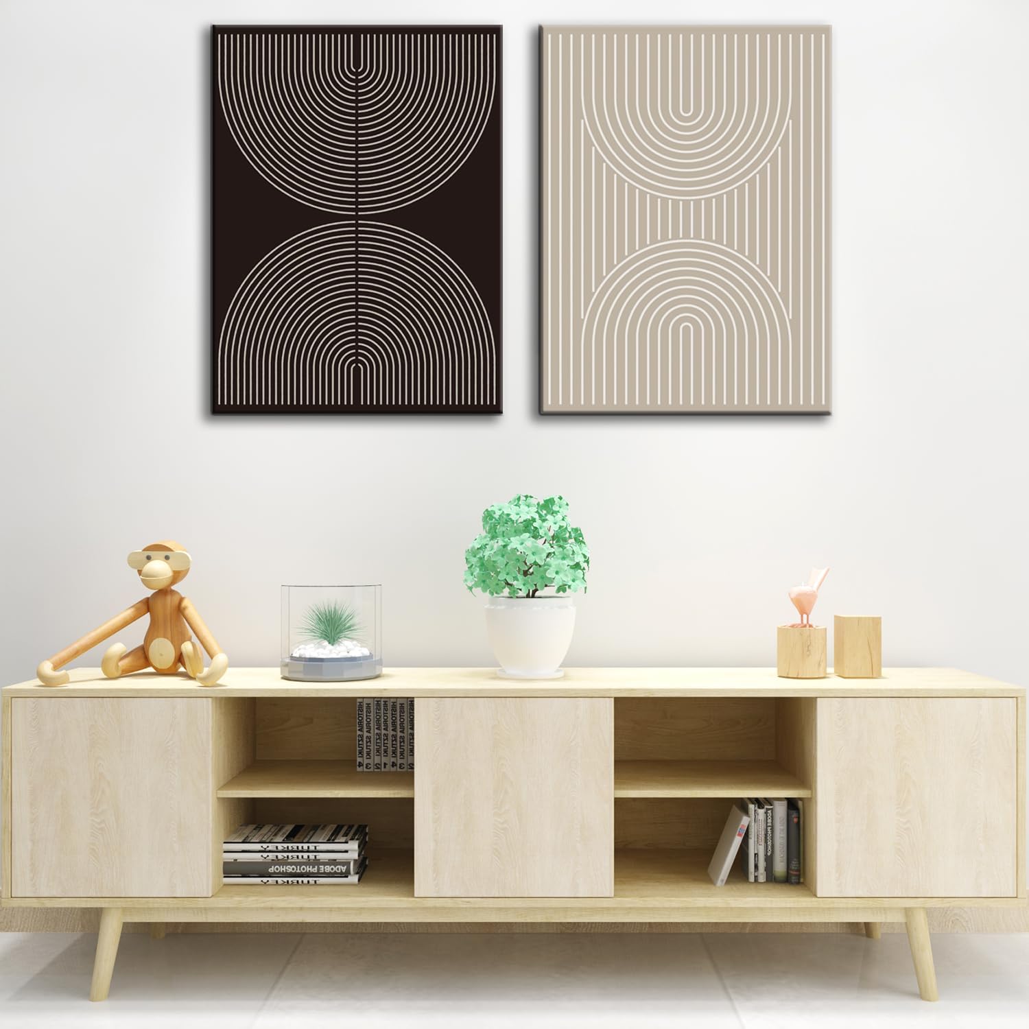 Mid Century Modern Black and Beige Wall Art, Set of 2 Boho Minimalist Abstract Line Wall Decor Picture Mid Century Beige and Black Poster Canvas Print for Bedroom Living Room 16x24 inch Framed
