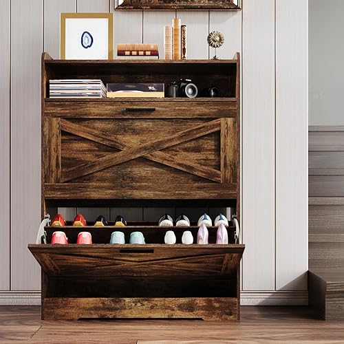 Miniatura 9 de Jartoil Armario de zapatos de gran tamaño, organizador de zapatos con 2 cajones abatibles y 2 cajones, moderno cubo inclinado para entrada, pasillo,