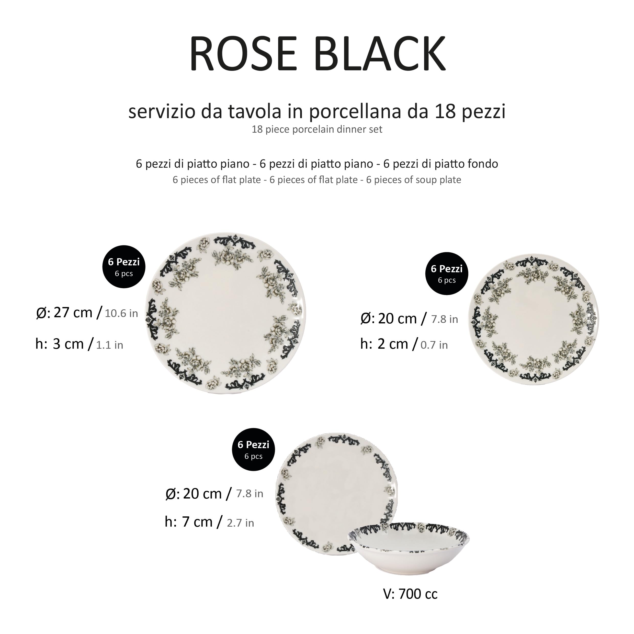 Set piatti ROSE BLACK | 18 pezzi floreali porcellana moderna per cene eleganti