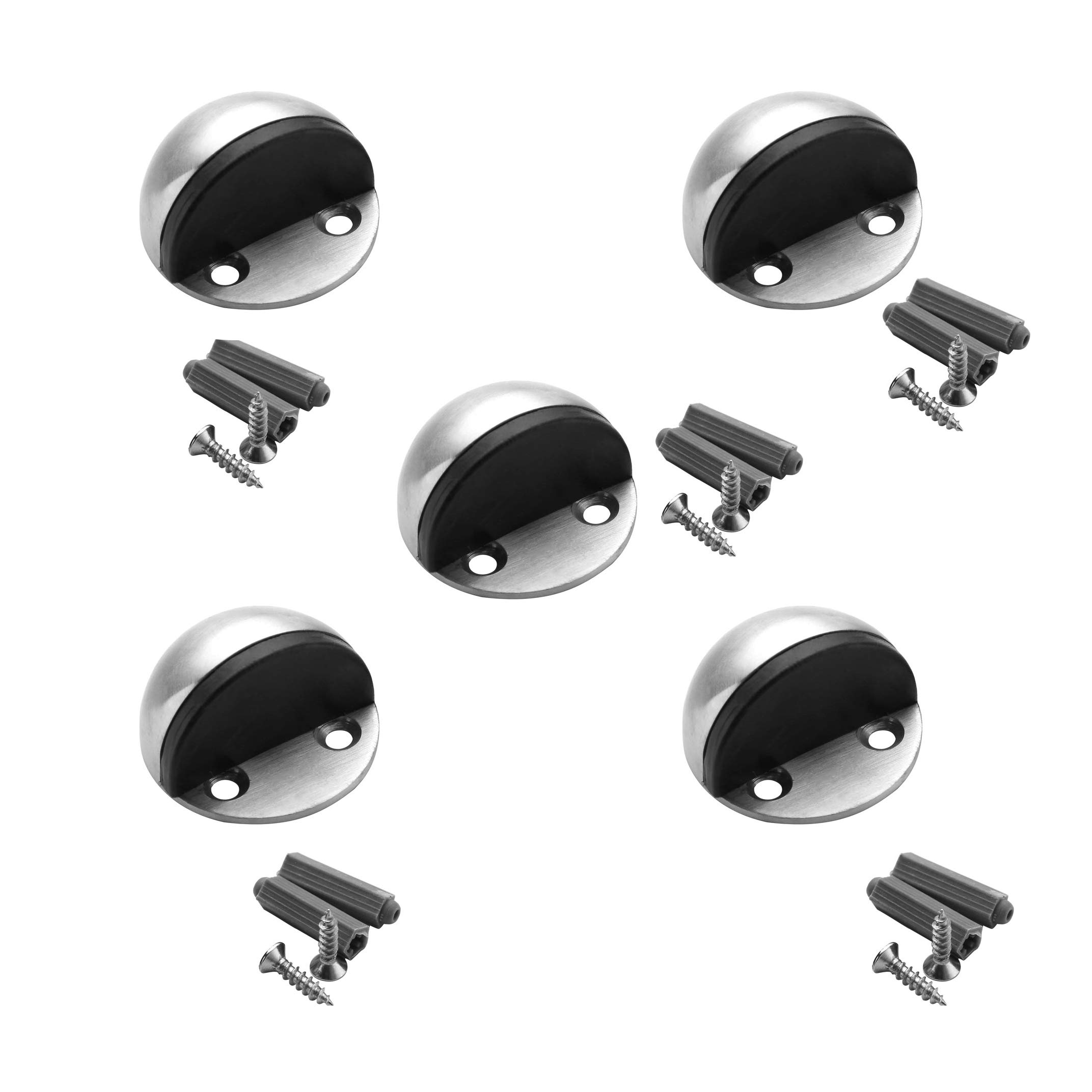 TPOHH Double-Sided Adhesive Tape No Need to Drill Doorstop, Brushed Stainless Steel Half Dome Floor Door Stop, Set of 5