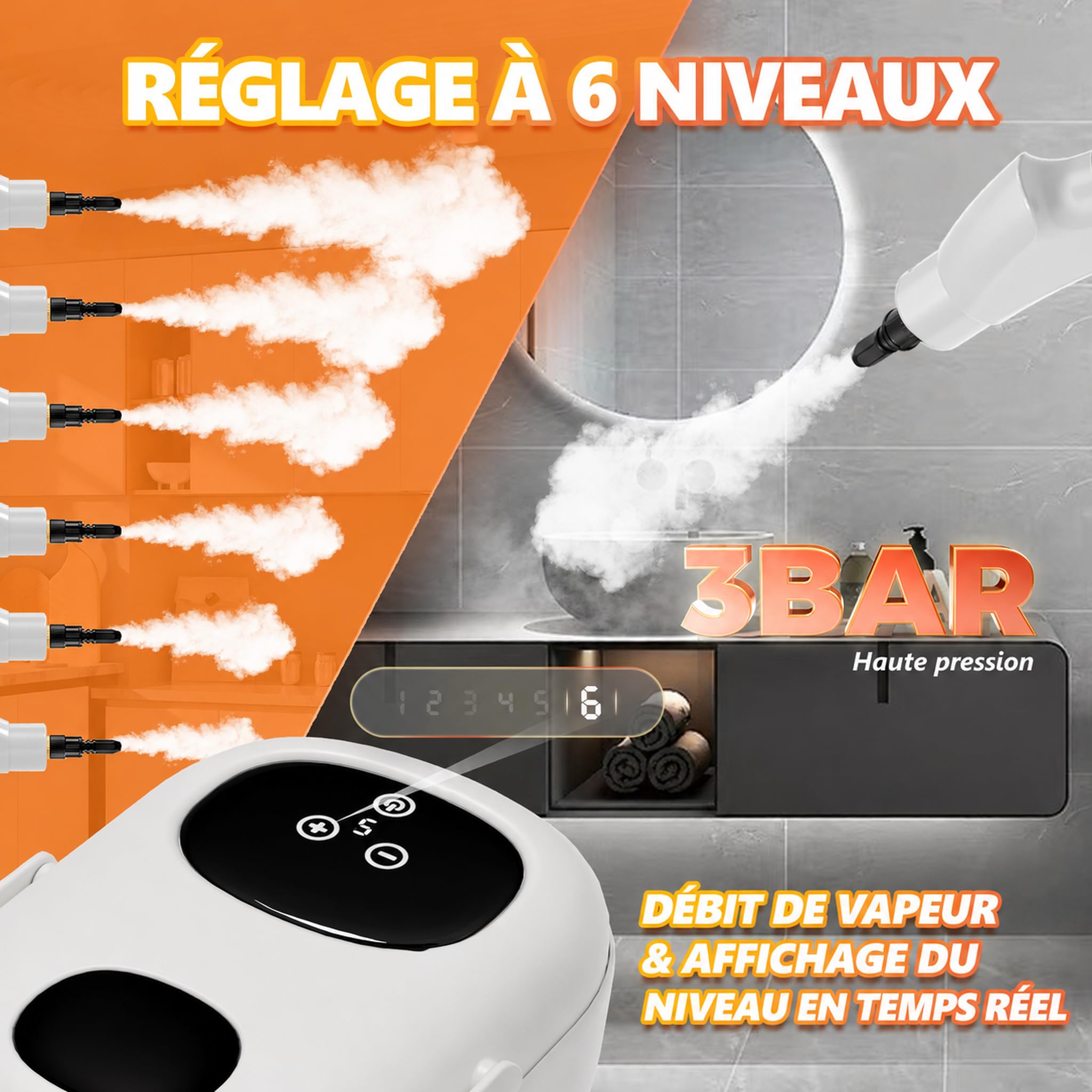 Nettoyeur Vapeur à Main, Haute Pression, Réservoir d'Eau 1,1 L, Blanc
