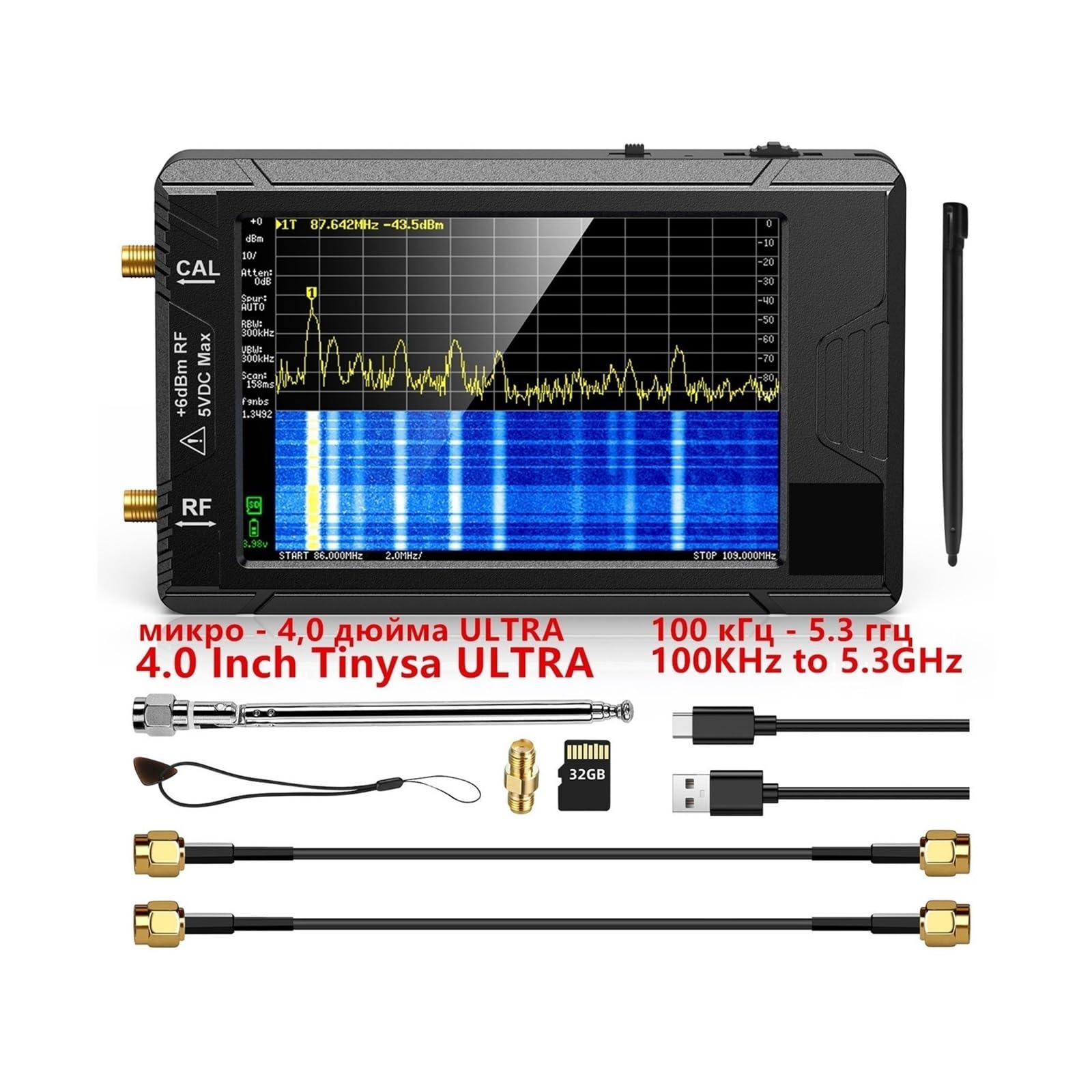 Analizador Vectorial de Redes, Analizador de Espectro con Pantalla de 2.8" Pantalla ULTRA de 4" 100kHz a 5.3GHz con Tarjeta de 32GB Versión V0.4.5.1 Medición de Parámetros S, ROE(SA ULTRA)