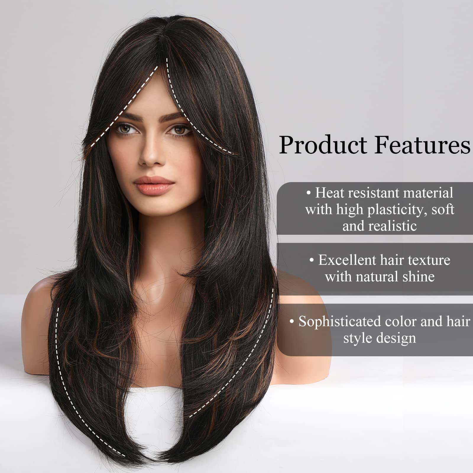 Wigs for Women Layered Synthetic Hair Wig with Highlight - Black Amazon.com : LEOSA Long Layered Wigs for Women Black  main image 2