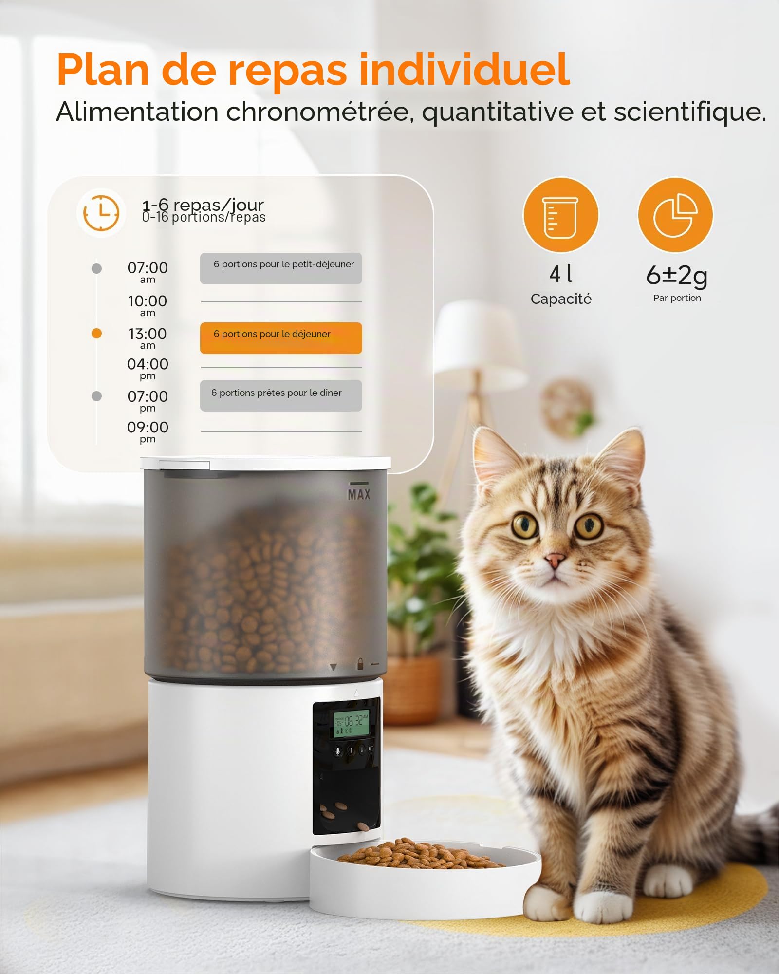 Distributeur Croquettes Chat Automatique: 4L Distributeur Croquettes Chat avec Minuterie Programmable - 1-6 Repas par Jour - avec Appuyez sur Le Couvercle et Fonction D'Enregistrement 10s Blanc