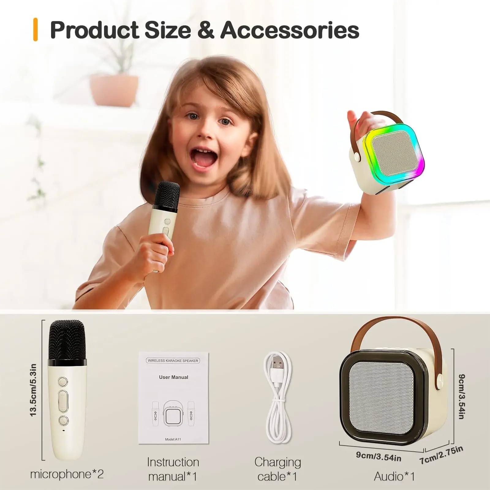 Mini urządzenie do karaoke, przenośny głośnik do karaoke Bluetooth z nastrojowym oświetleniem RGB i 2 mikrofonami, obsługuje 4 zmiany efektów dźwiękowych (White)