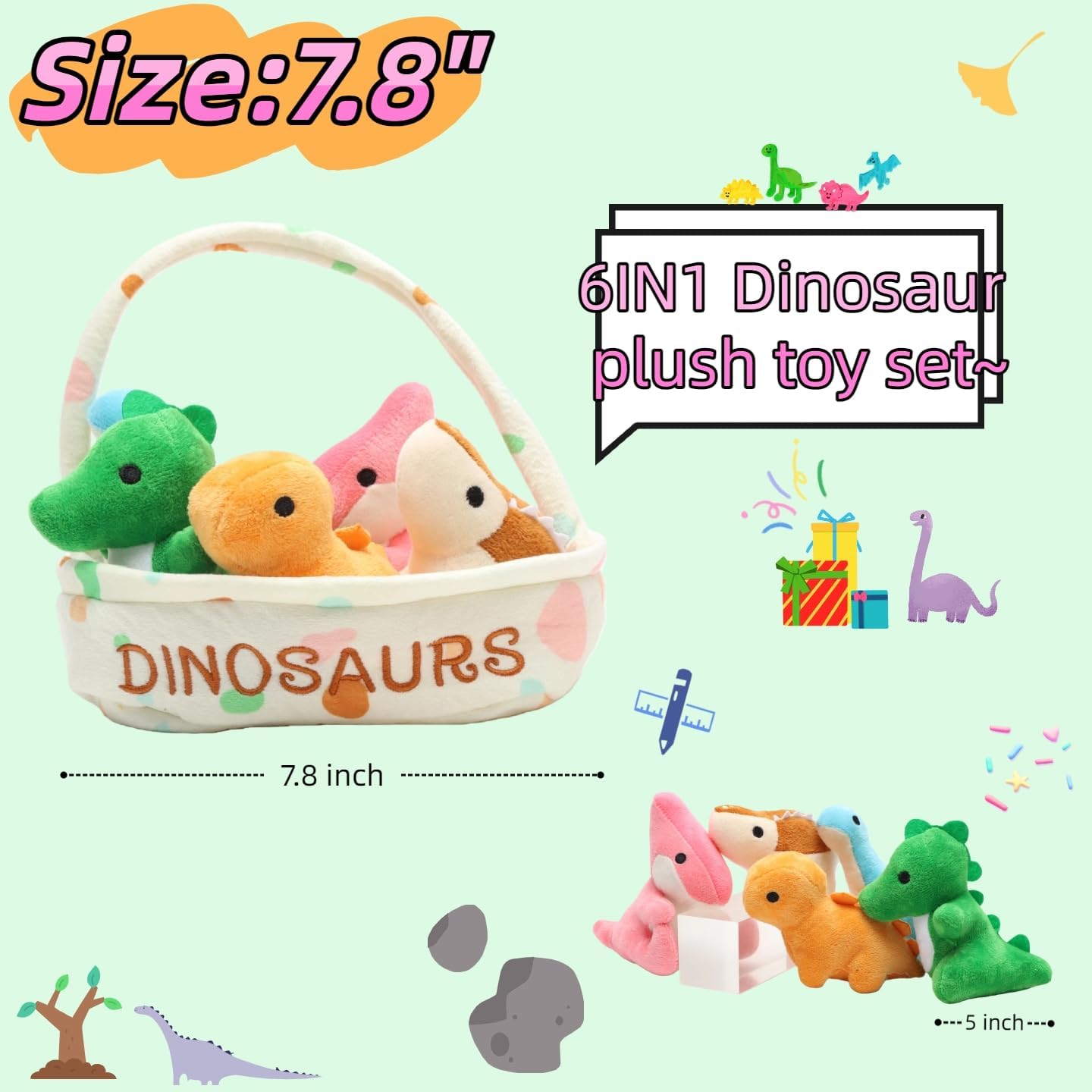 Dinosaur Plush Toy Set, 5pcs Soft Stuffed Dino Toys in Basket, 7.87in Interactive Plush Animal Figures – Birthday, Christmas, Kids Gift for Boys & Girls, Room Decor