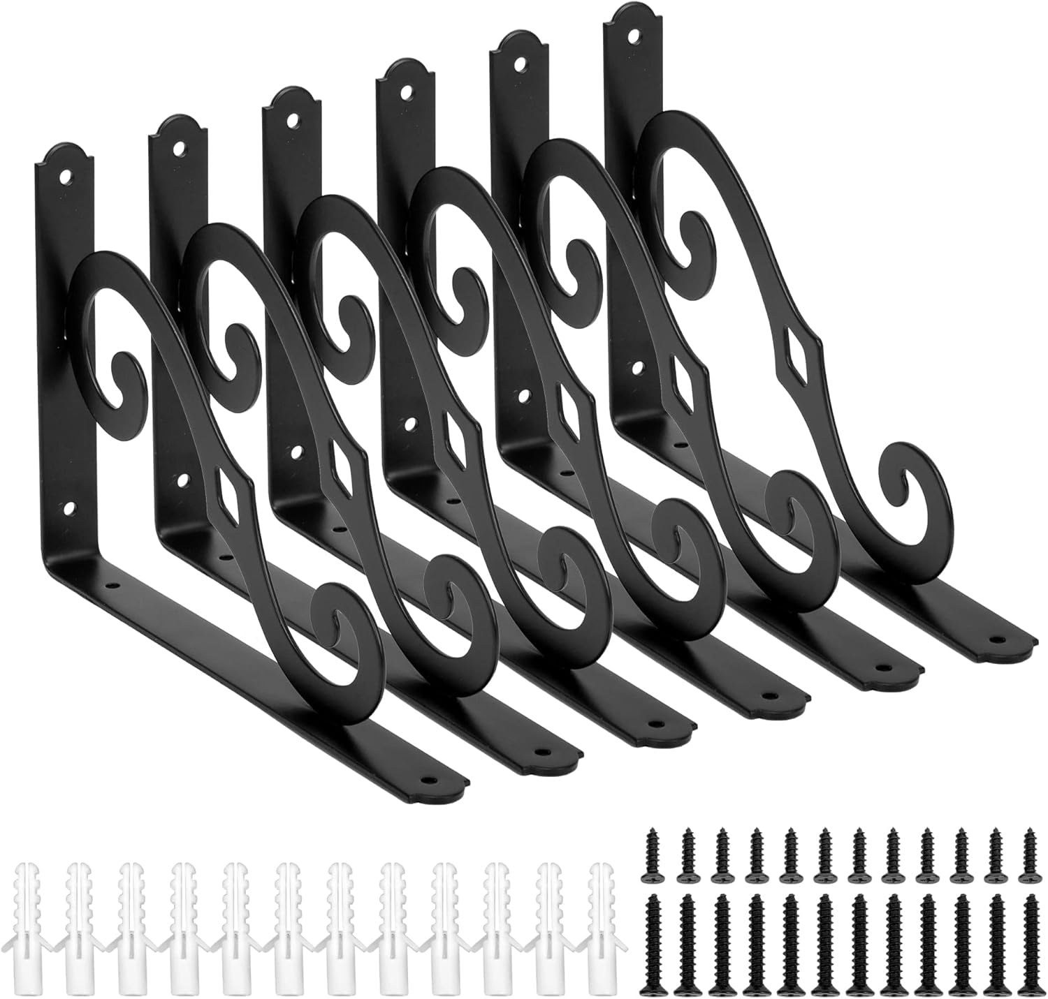 Wostore Lot de 6 supports d'étagère décoratifs 250 x 200 mm - Équerre de charge lourde - Noir - Métal - Angle de 90° avec vis