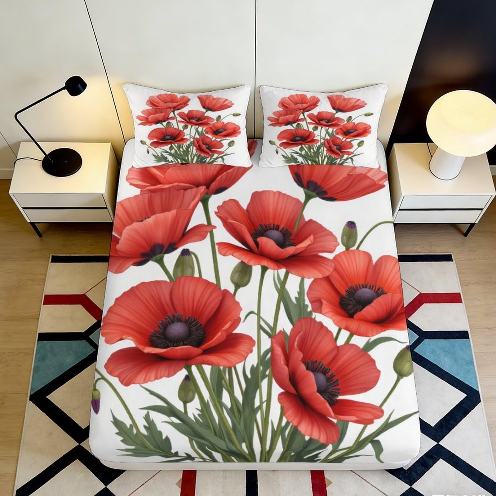 3D Printed Red Poppy Fitted Sheet Microfiber Soft Breathable Floral Bed Cover for Bedroom Dormitory Guest Room Mattress Protection Decoration 180x200x25cm