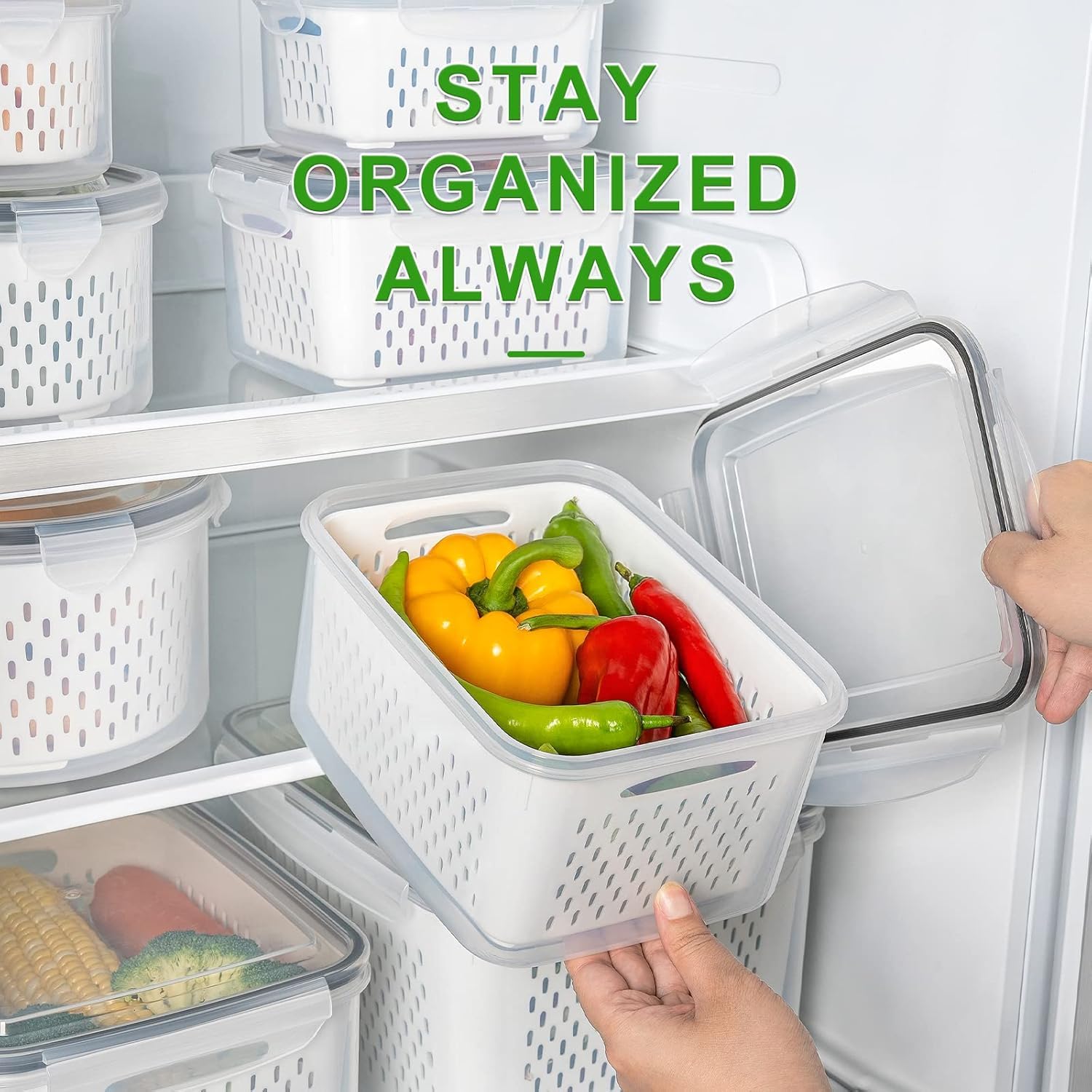 5 recipientes de almacenamiento de frutas para refrigerador con colador extraíble y juego de picador, recipientes de almacenamiento de alimentos a prueba de fugas con tapas, aptos para lavavajillas y